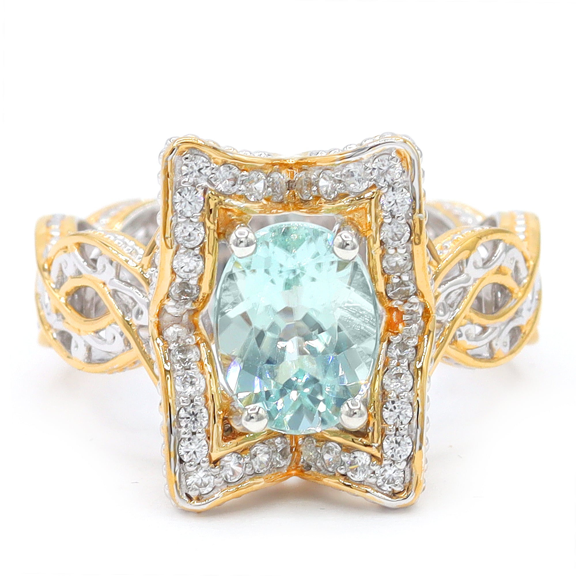 Bague Gems en Vogue amblygonite et zircons blancs 2,24 carats, pièce unique, double halo