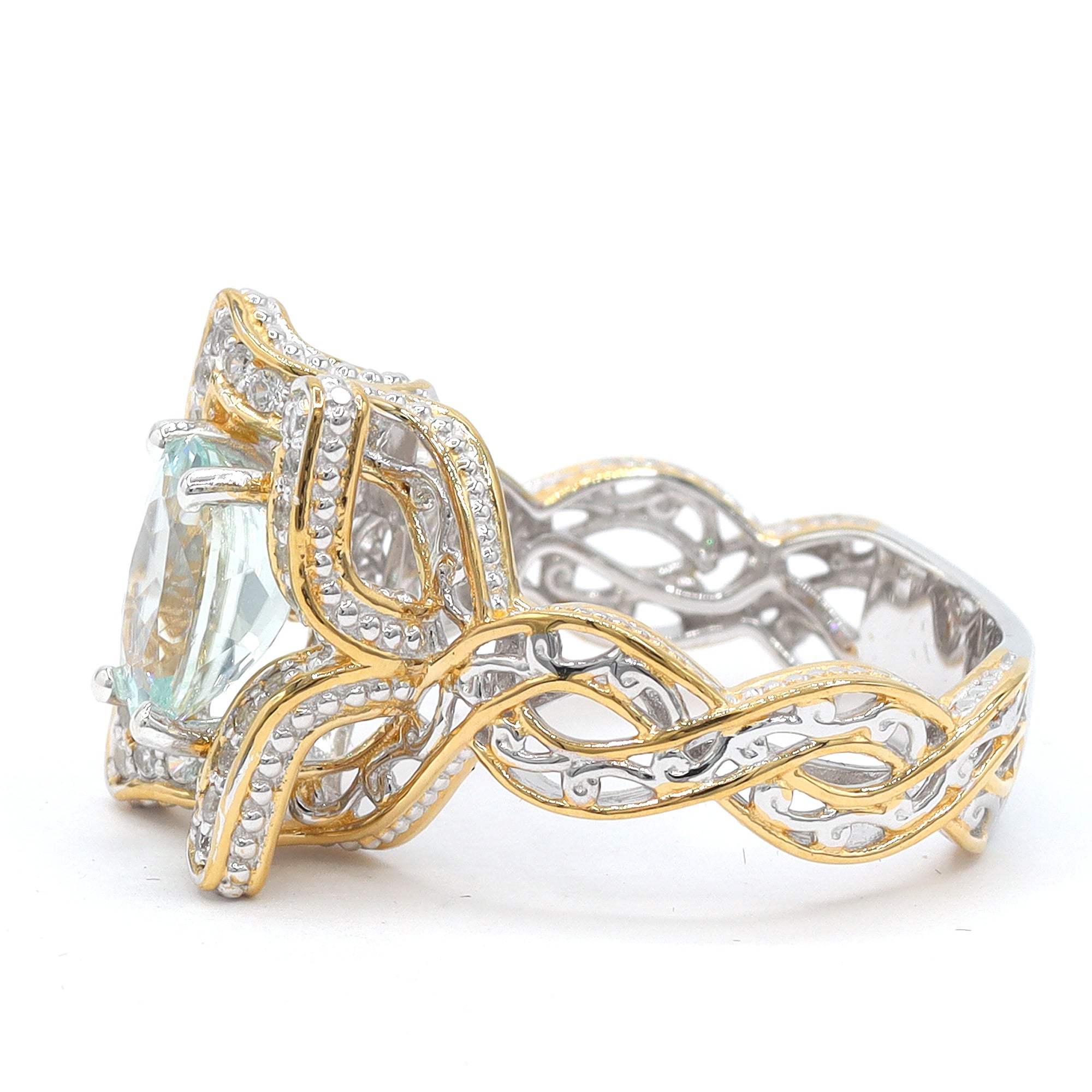 Bague Gems en Vogue amblygonite et zircons blancs 2,24 carats, pièce unique, double halo