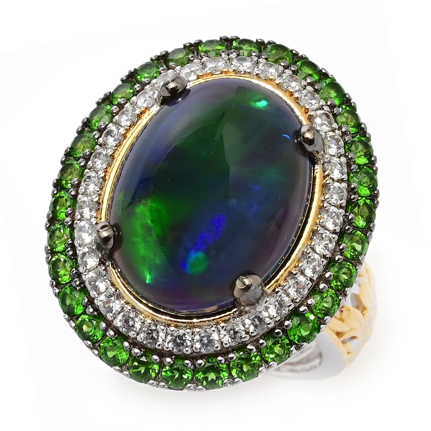 Gems en Vogue Peacock Opal, Chrome Diopside & White Zircon Halo Ring