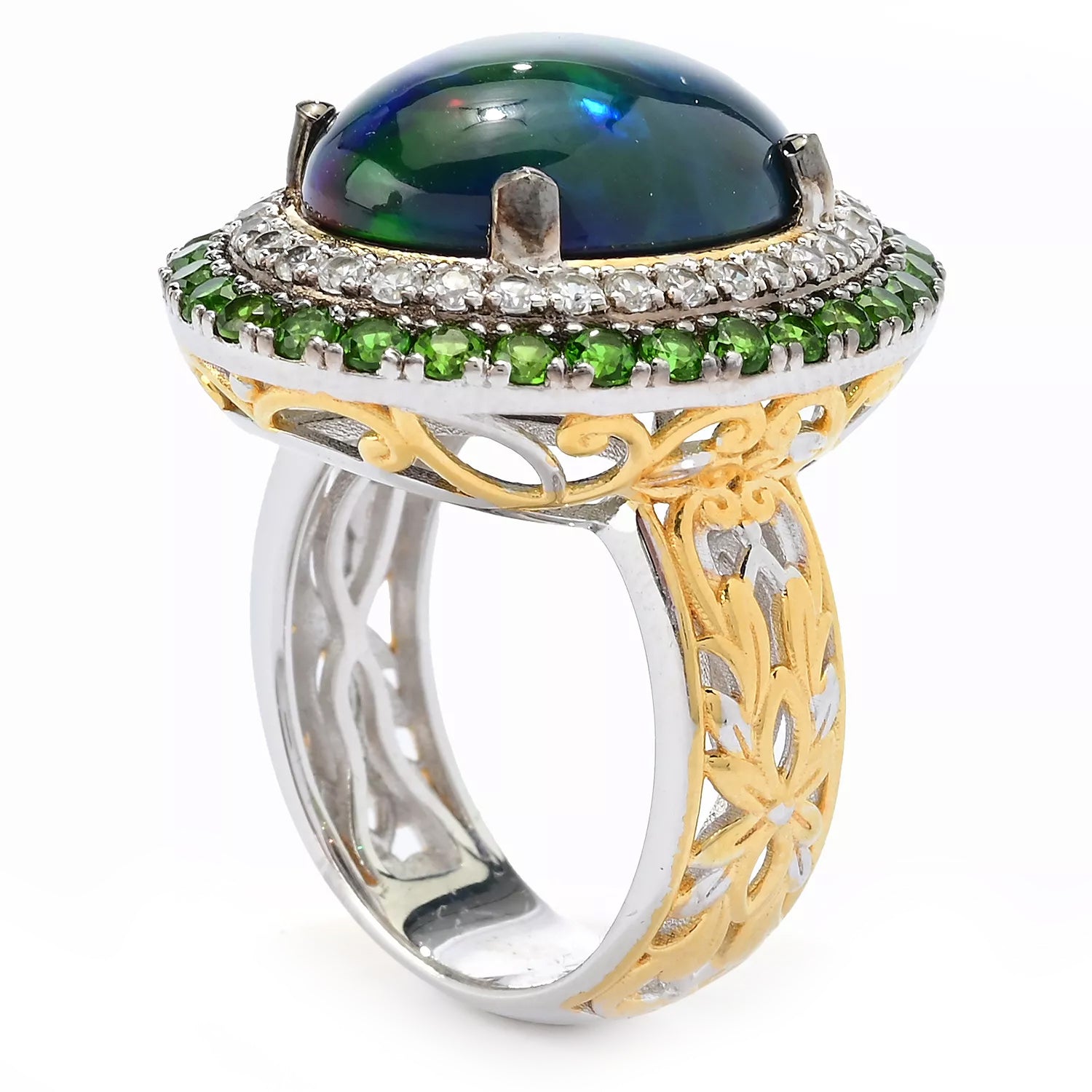 Gems en Vogue Peacock Opal, Chrome Diopside & White Zircon Halo Ring