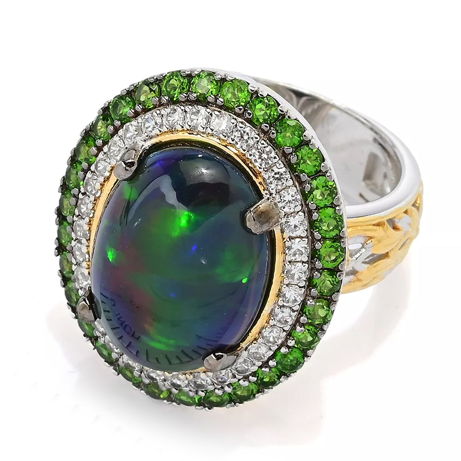 Gems en Vogue Peacock Opal, Chrome Diopside & White Zircon Halo Ring