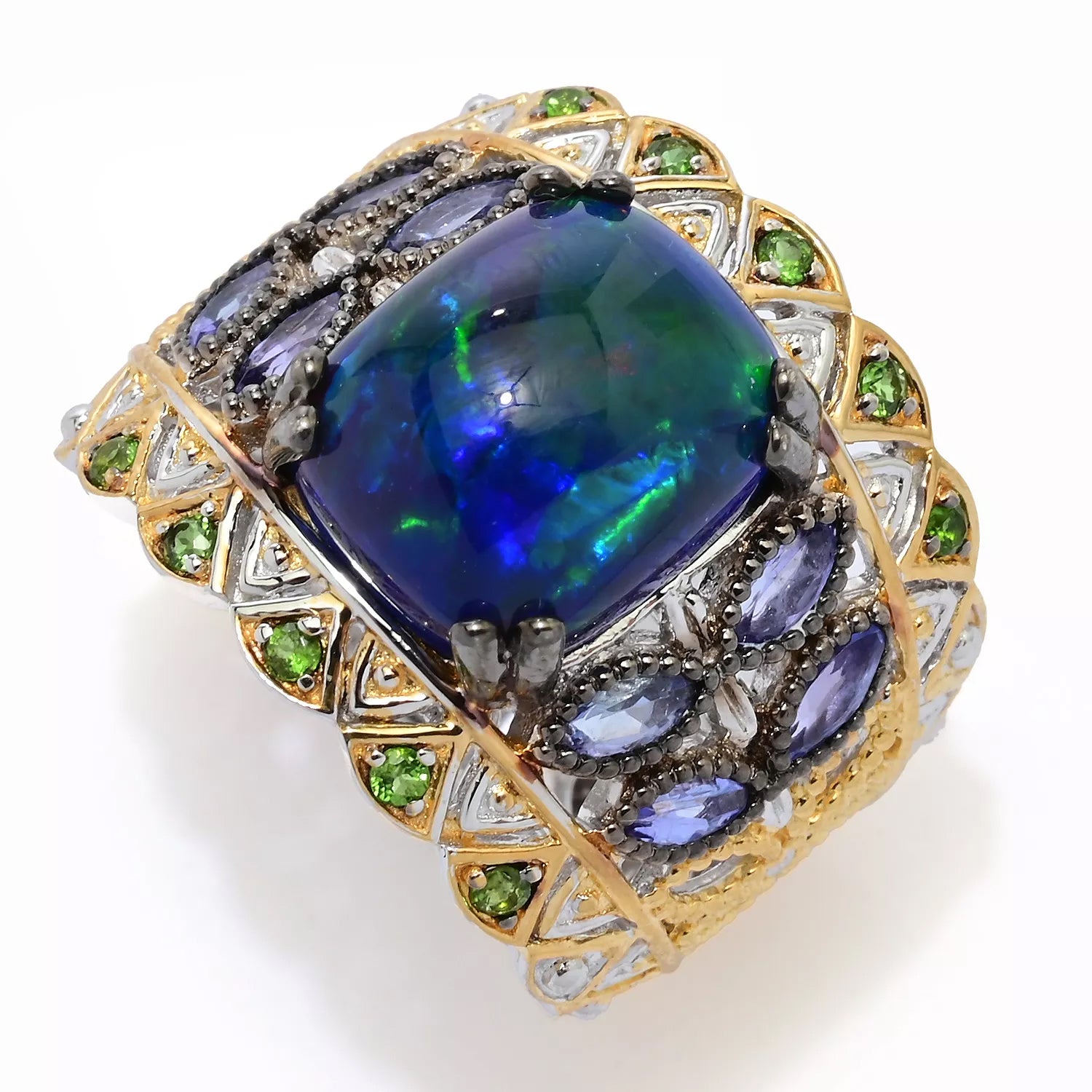 Gems en Vogue Peacock Opal, Tanzanite & Chrome Diopside Ring