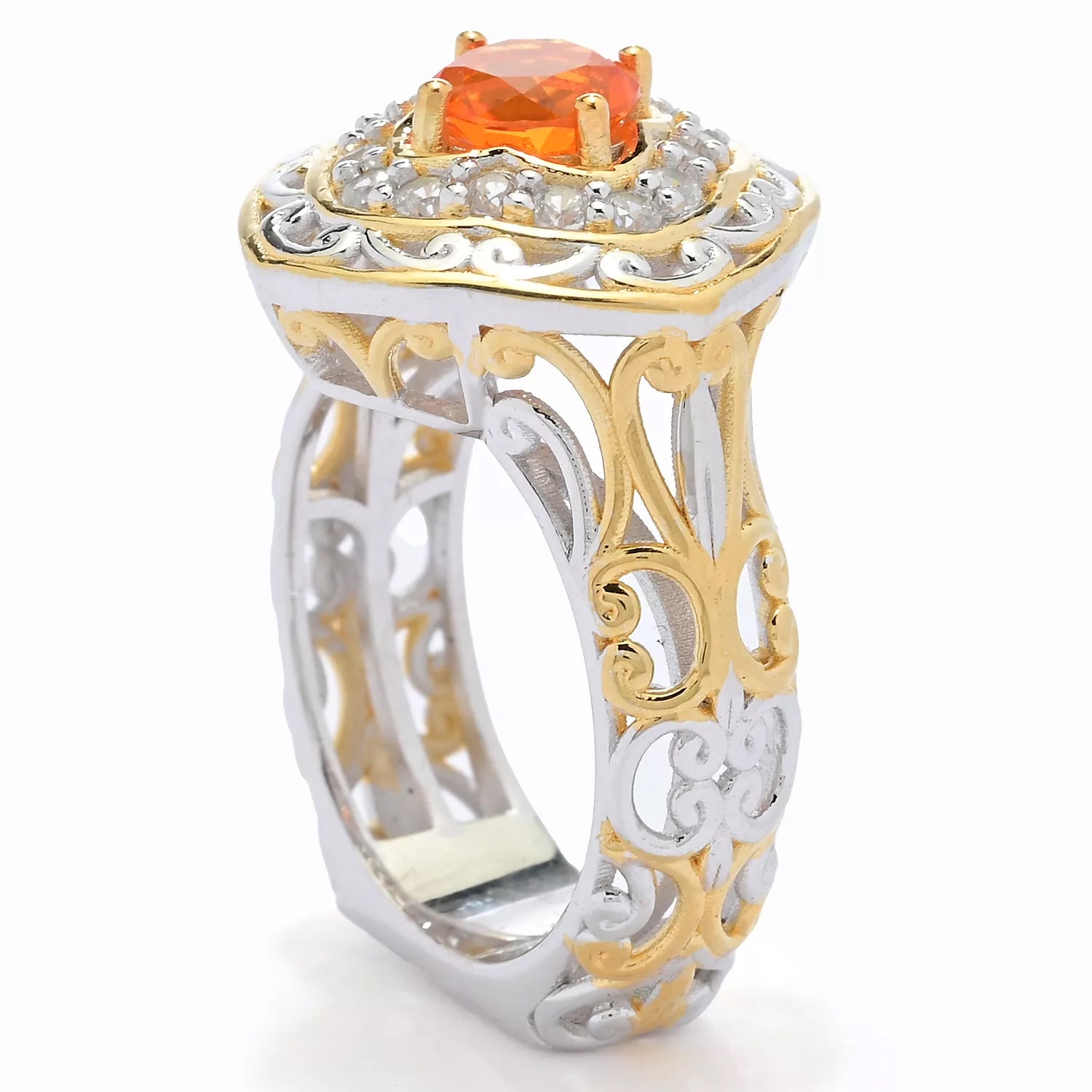 Gems en Vogue 1.15ctw Round Fire Opal & White Zircon Ring