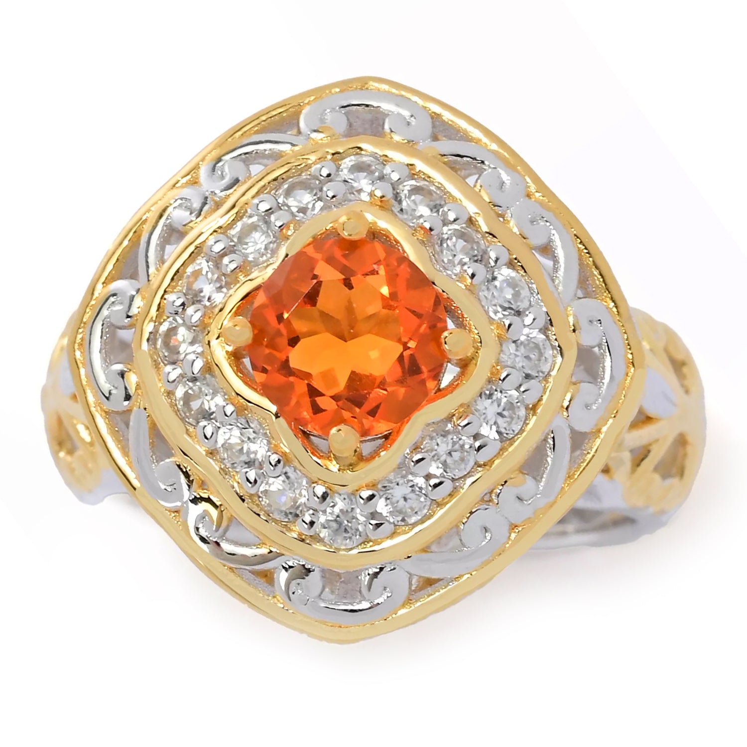 Gems en Vogue 1.15ctw Round Fire Opal & White Zircon Ring