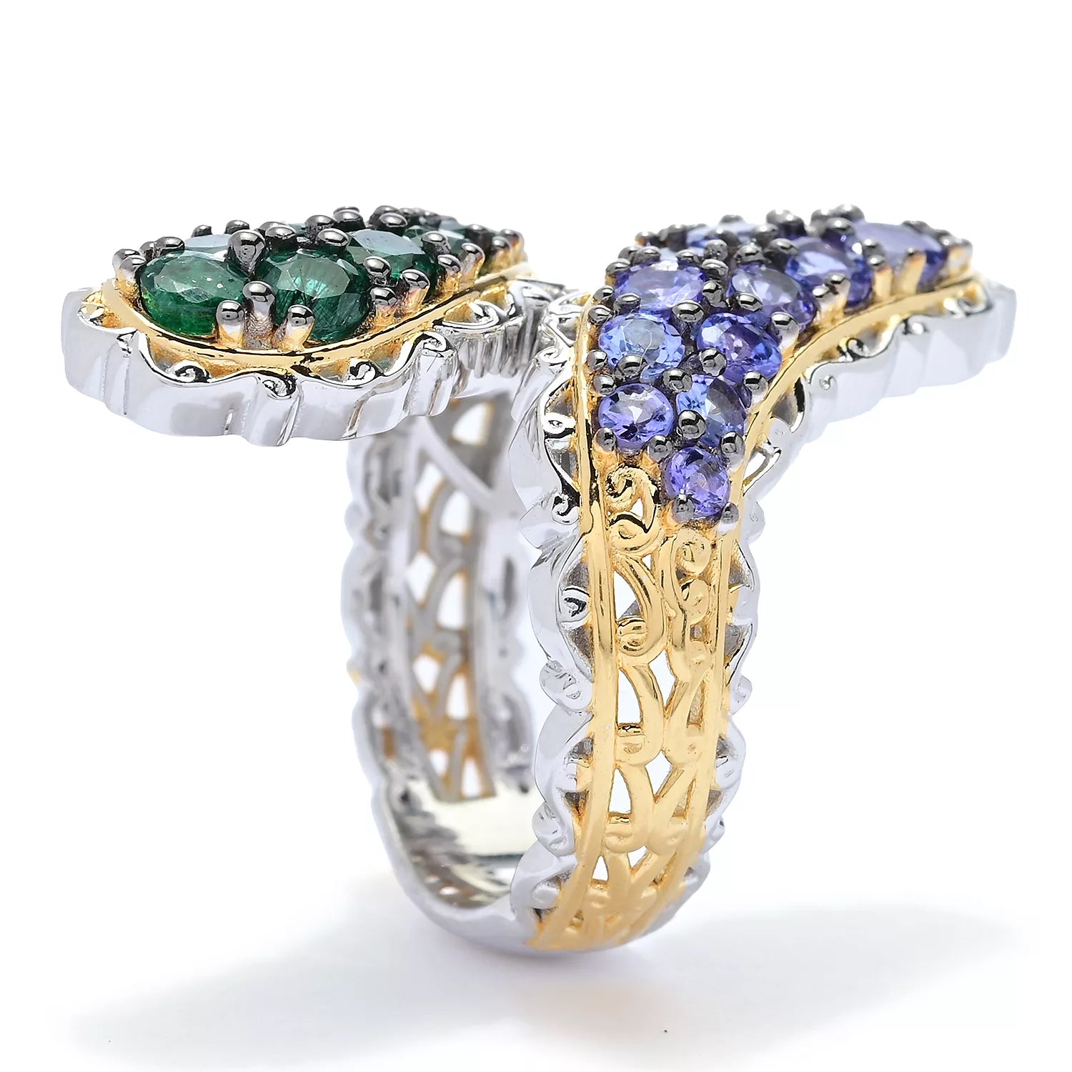 Gems en Vogue 2.90ctw Round Grizzly Emerald & Tanzanite Bypass Ring