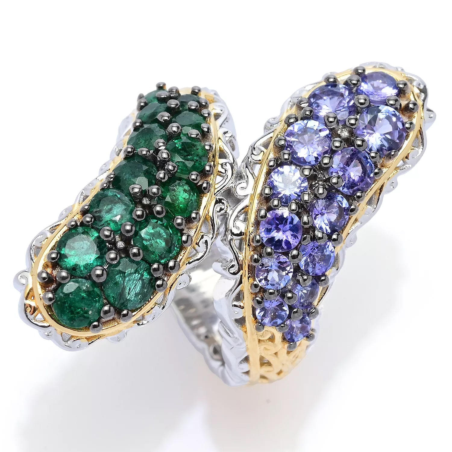 Gems en Vogue 2.90ctw Round Grizzly Emerald & Tanzanite Bypass Ring