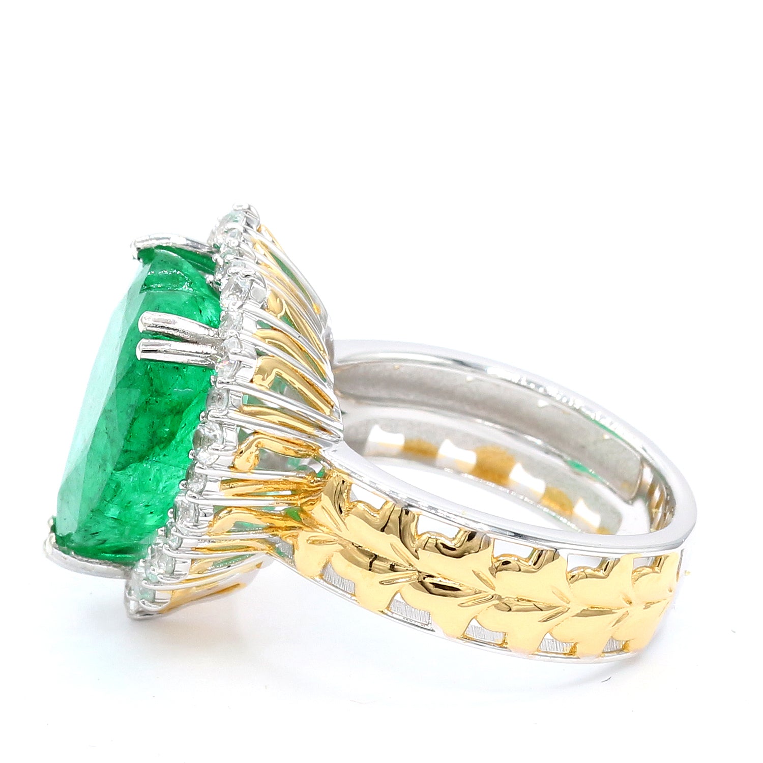 Gems en Vogue 24K Palladium Silver 10.91ctw Heart Shape Zambian Emerald & White Zircon Halo Ring
