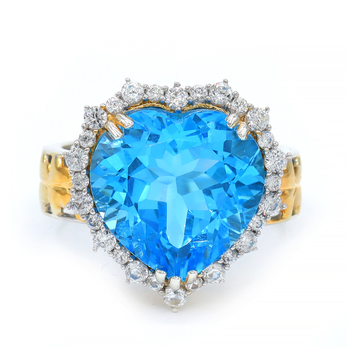 Gems en Vogue One-of-a-Kind 24K Palladium Silver 14.58ctw Heart Swiss Blue Topaz & White Zircon Halo Ring