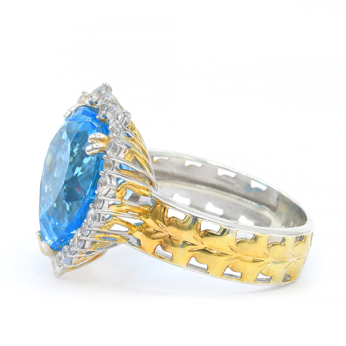 Gems en Vogue One-of-a-Kind 24K Palladium Silver 14.58ctw Heart Swiss Blue Topaz & White Zircon Halo Ring
