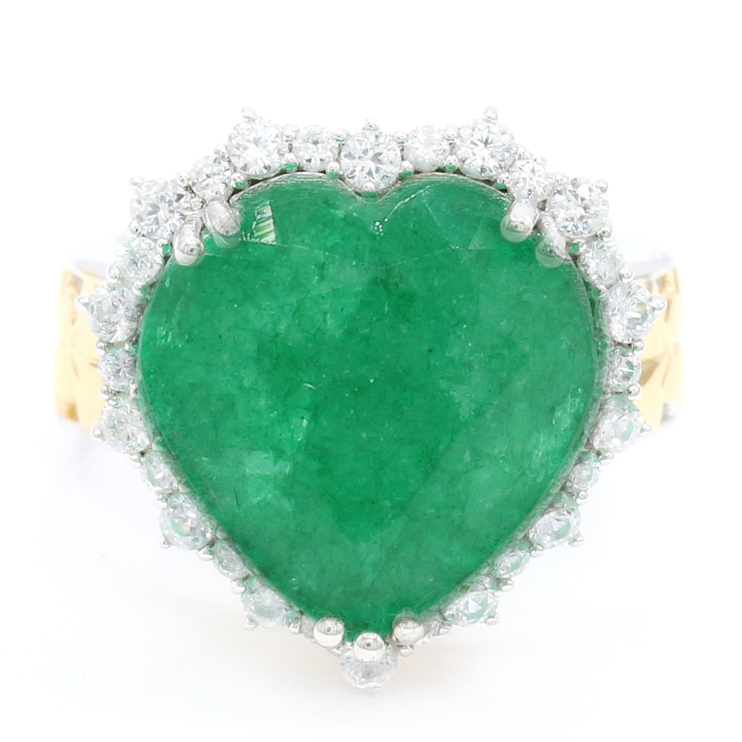 Gems en Vogue 24K Palladium Silver 10.91ctw Heart Shape Zambian Emerald & White Zircon Halo Ring