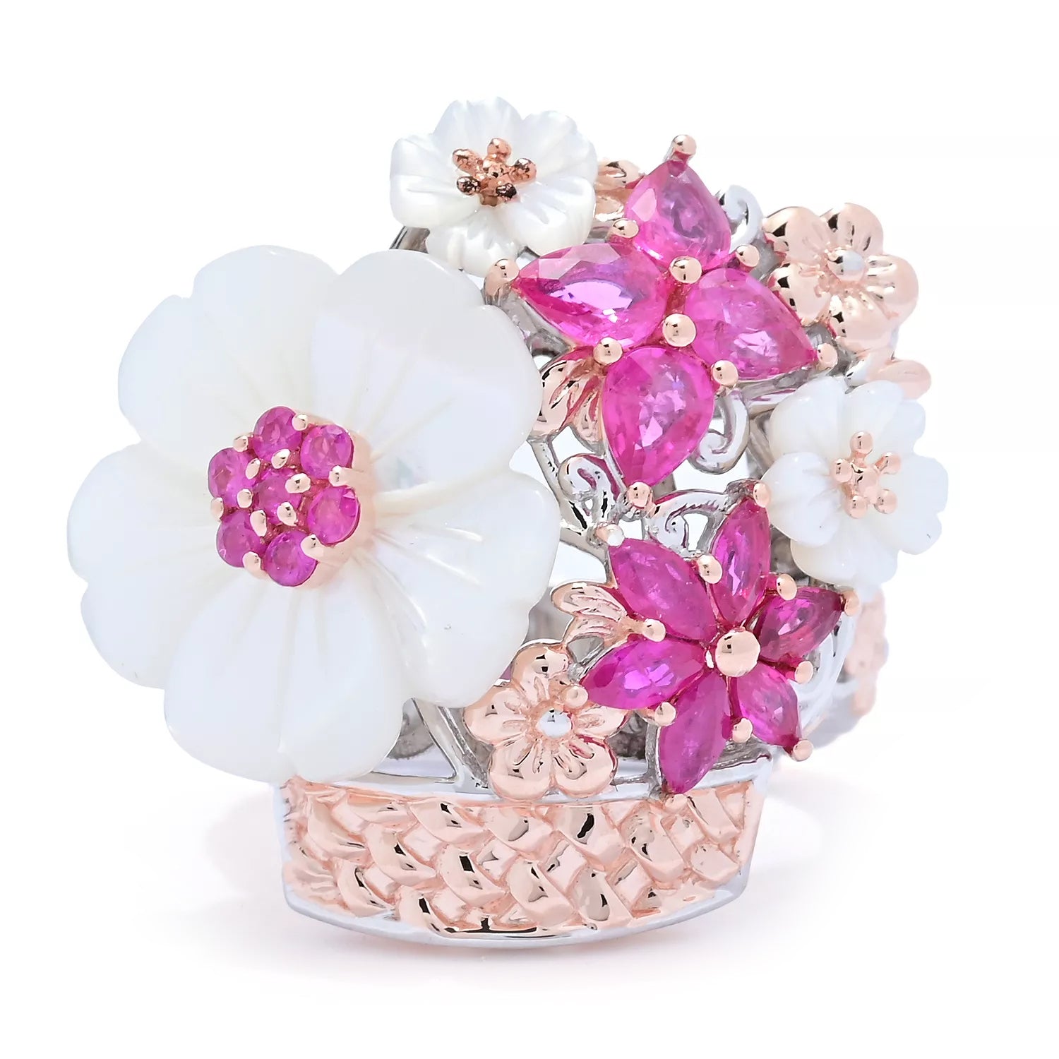 Gems en Vogue 1.58ctw Ruby & Mother-of-Pearl Flower Basket Ring