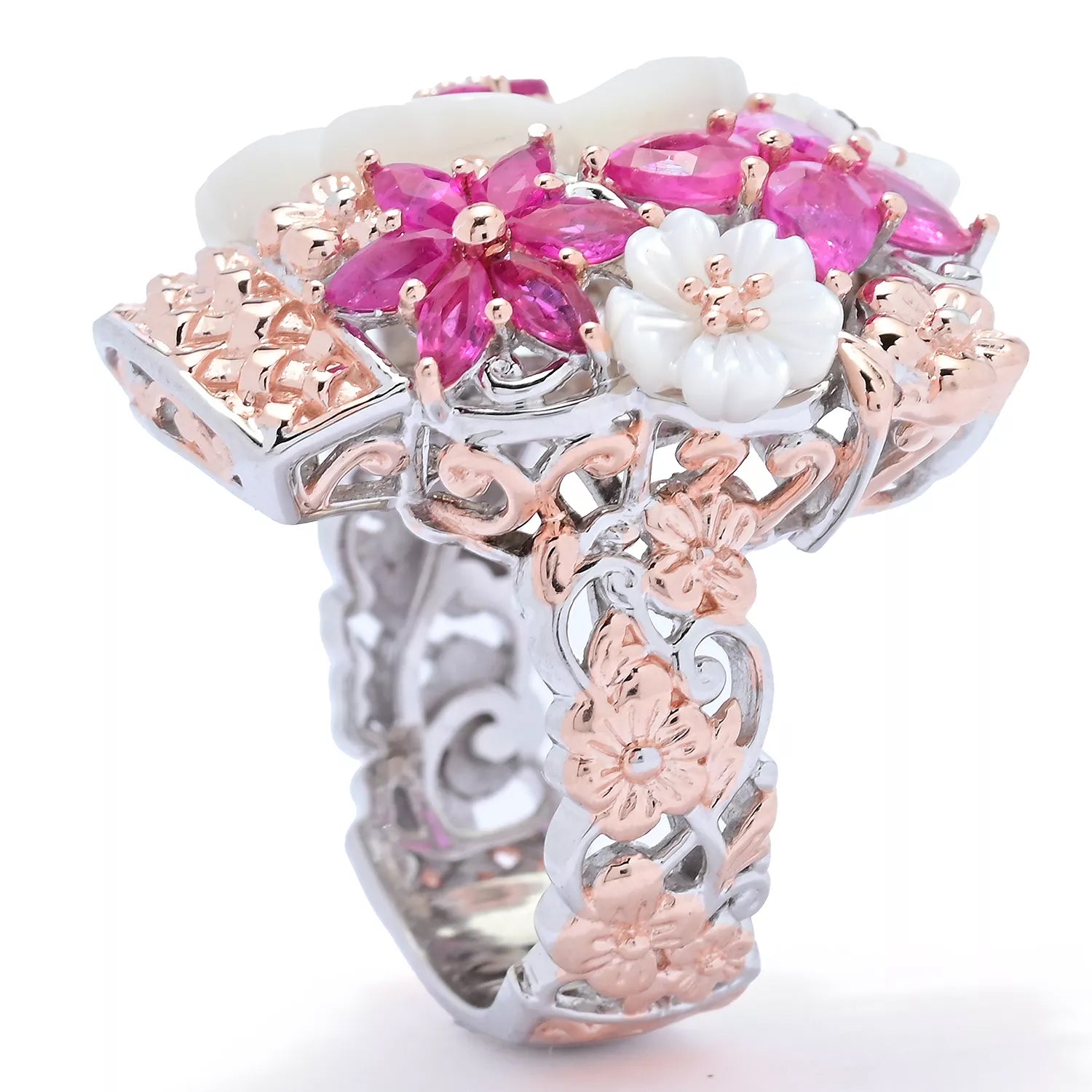 Gems en Vogue 1.58ctw Ruby & Mother-of-Pearl Flower Basket Ring