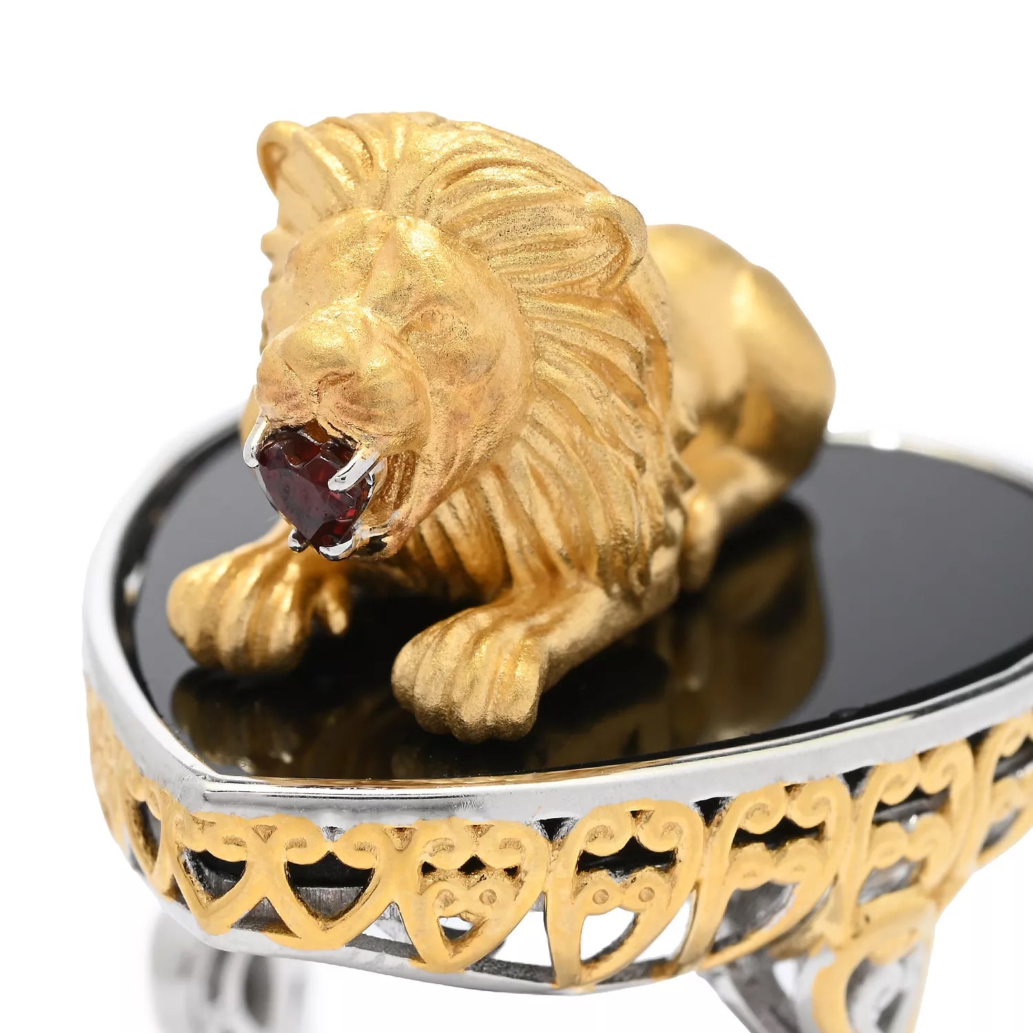 Gems en Vogue Black Onyx & Garnet Lion Heart Ring