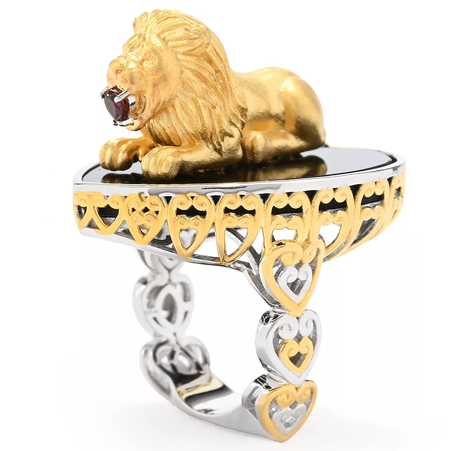 Gems en Vogue Black Onyx & Garnet Lion Heart Ring