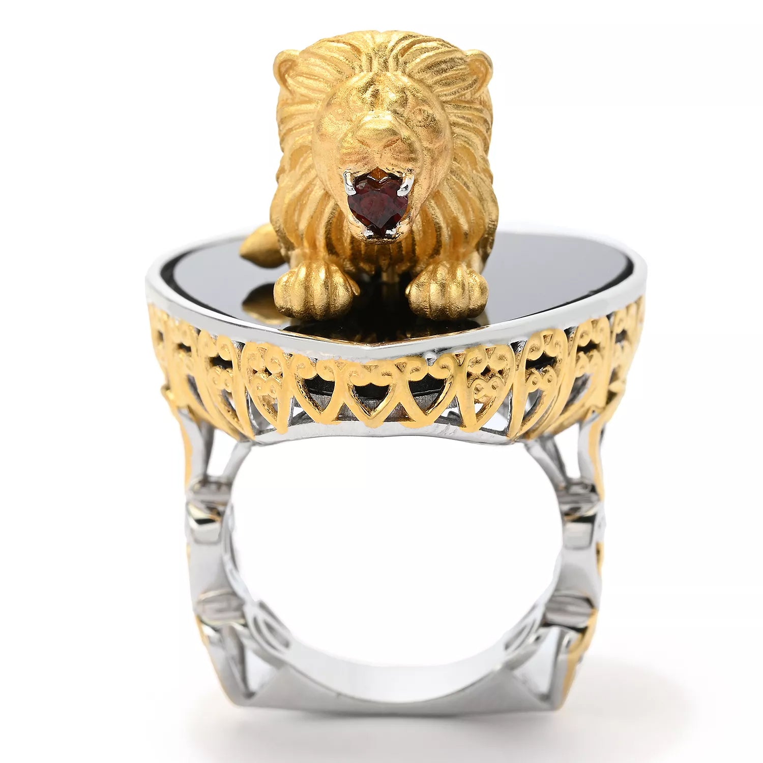 Gems en Vogue Black Onyx & Garnet Lion Heart Ring