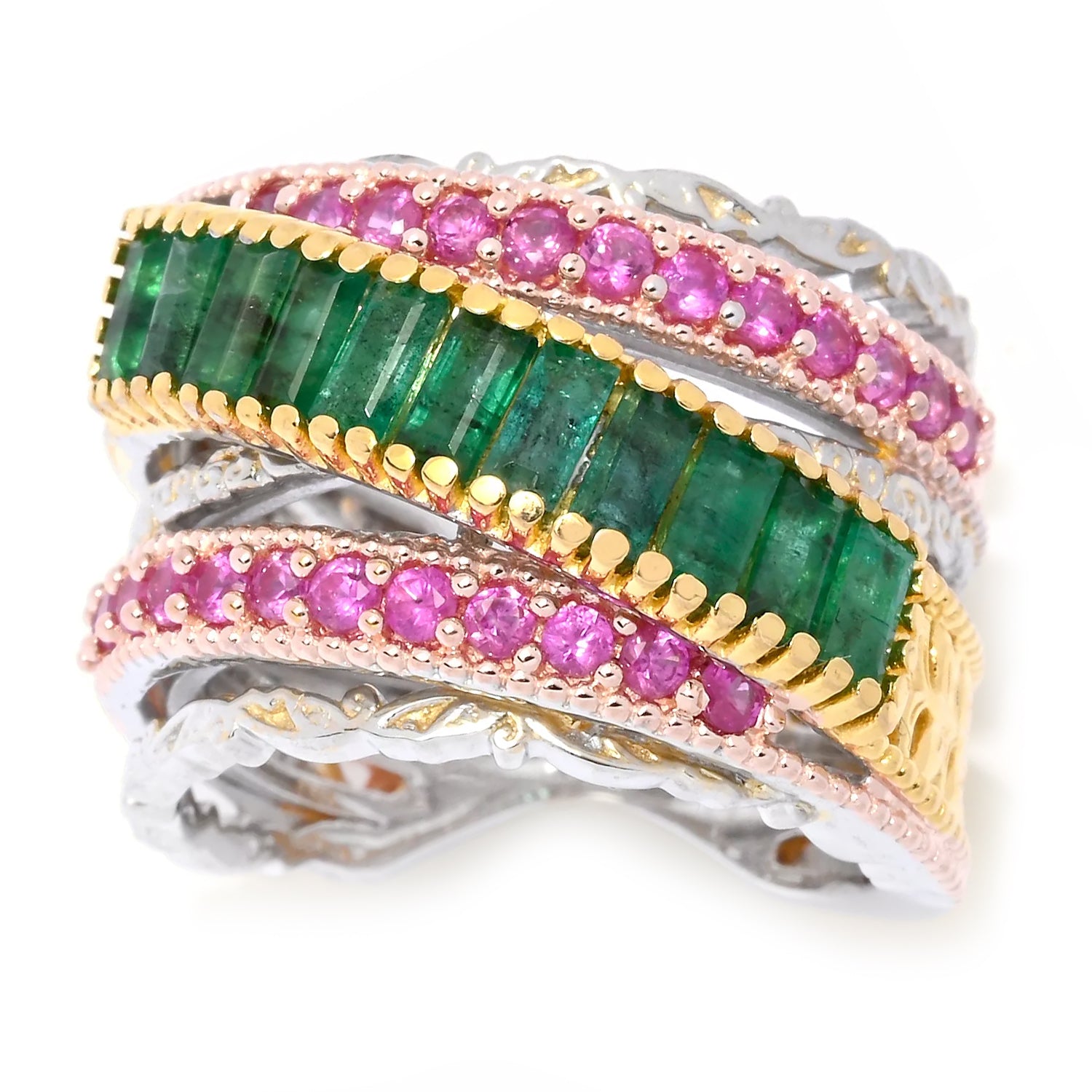 Gems en Vogue 1.82ctw Grizzly Emerald & Hot Pink Sapphire Highway Ring