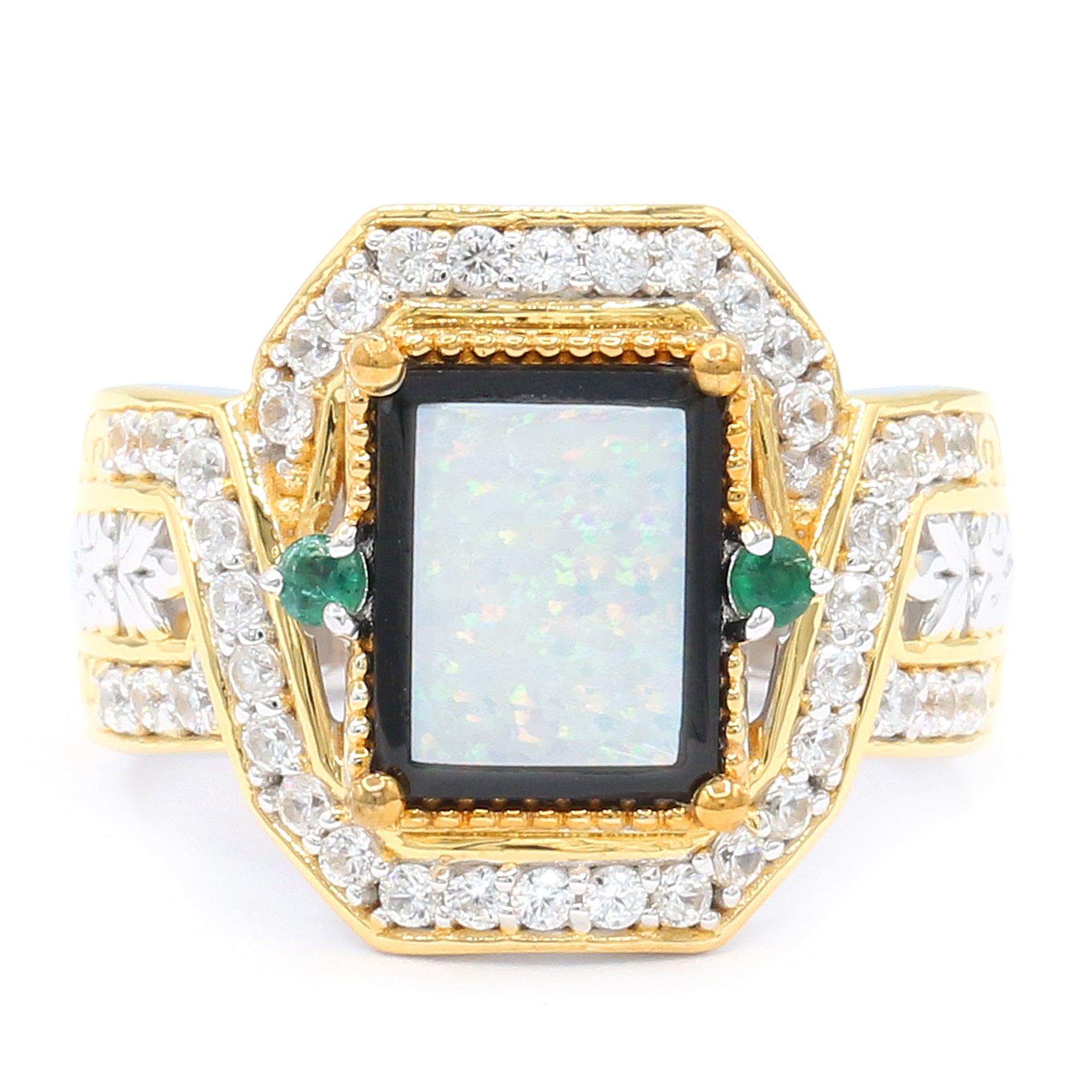 Gems en Vogue 24K Palladium Silver Opal with Black Onyx Inlay, Emerald & White Zircon Ring