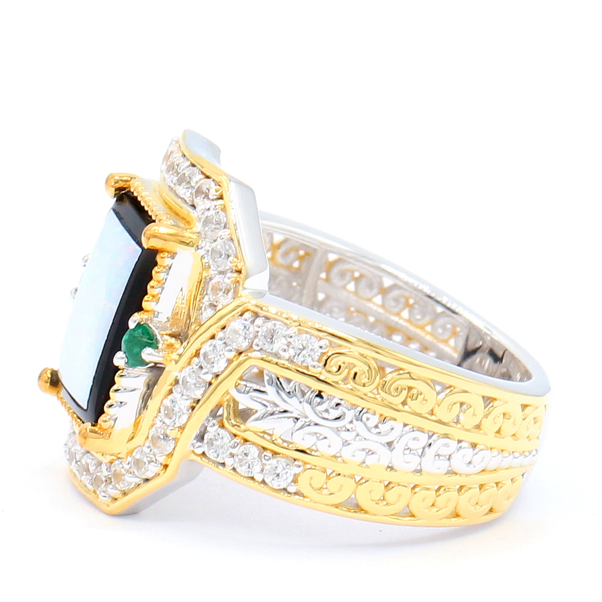 Gems en Vogue 24K Palladium Silver Opal with Black Onyx Inlay, Emerald & White Zircon Ring