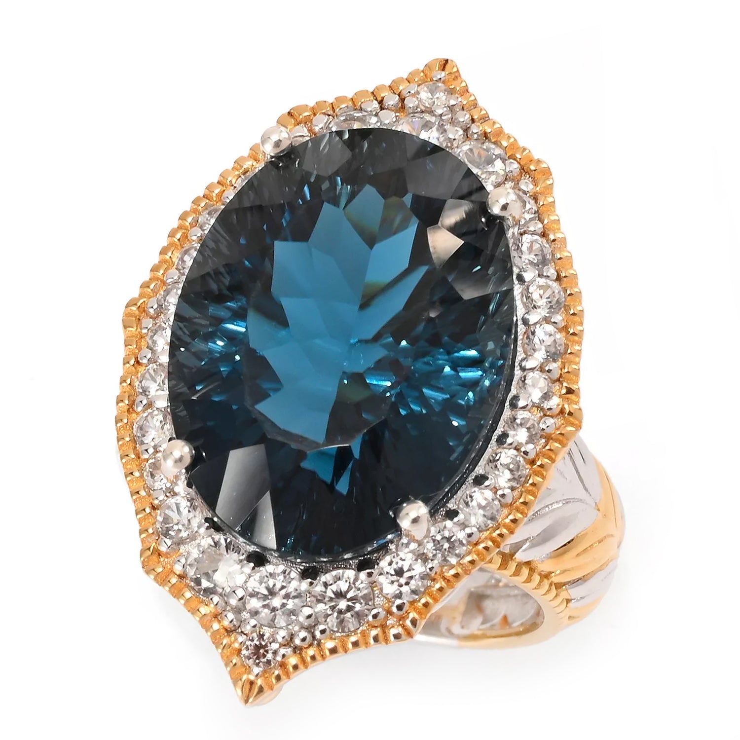 Gems en Vogue 19.62ctw Concave Cut London Blue Topaz & White Zircon Ring