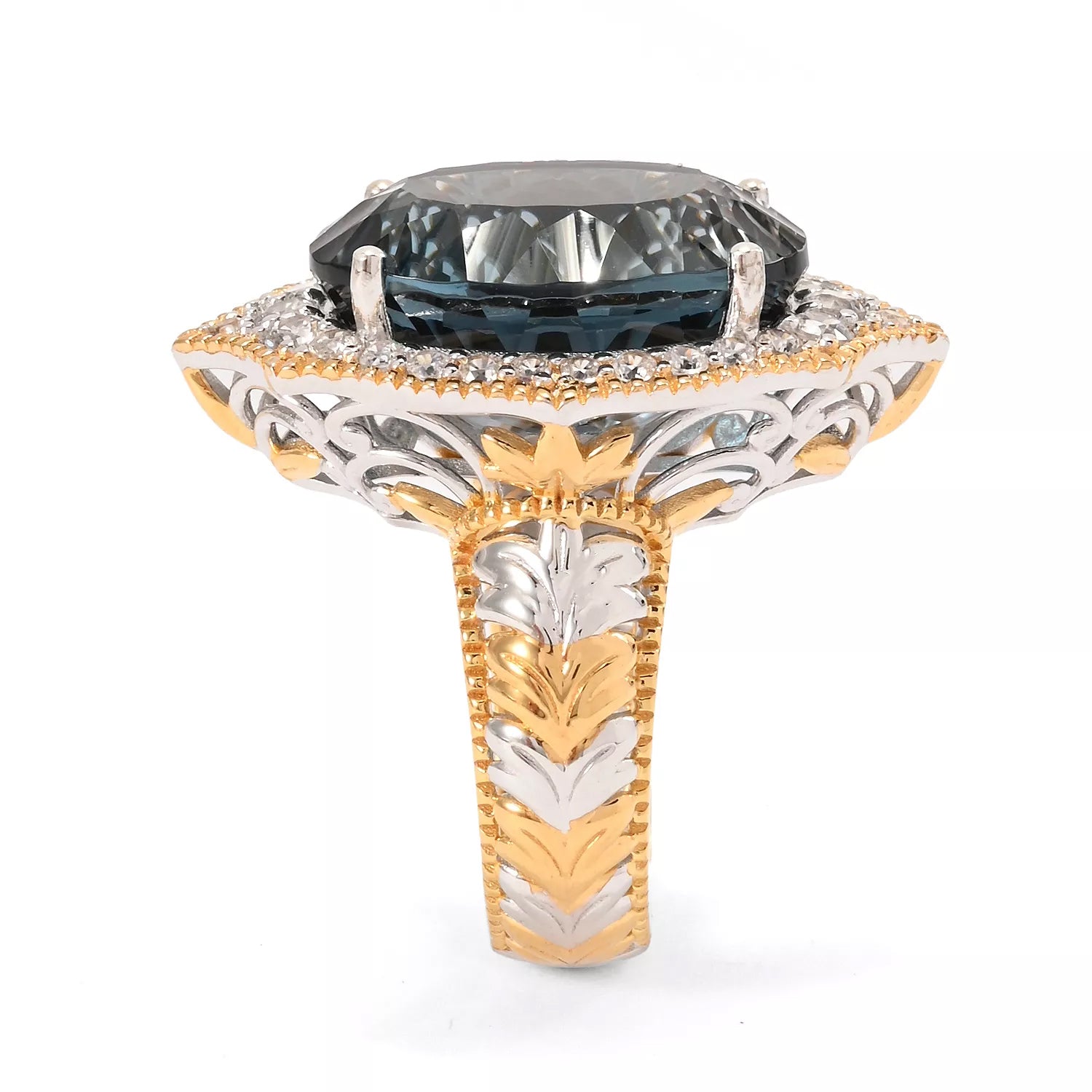 Gems en Vogue 19.62ctw Concave Cut London Blue Topaz & White Zircon Ring