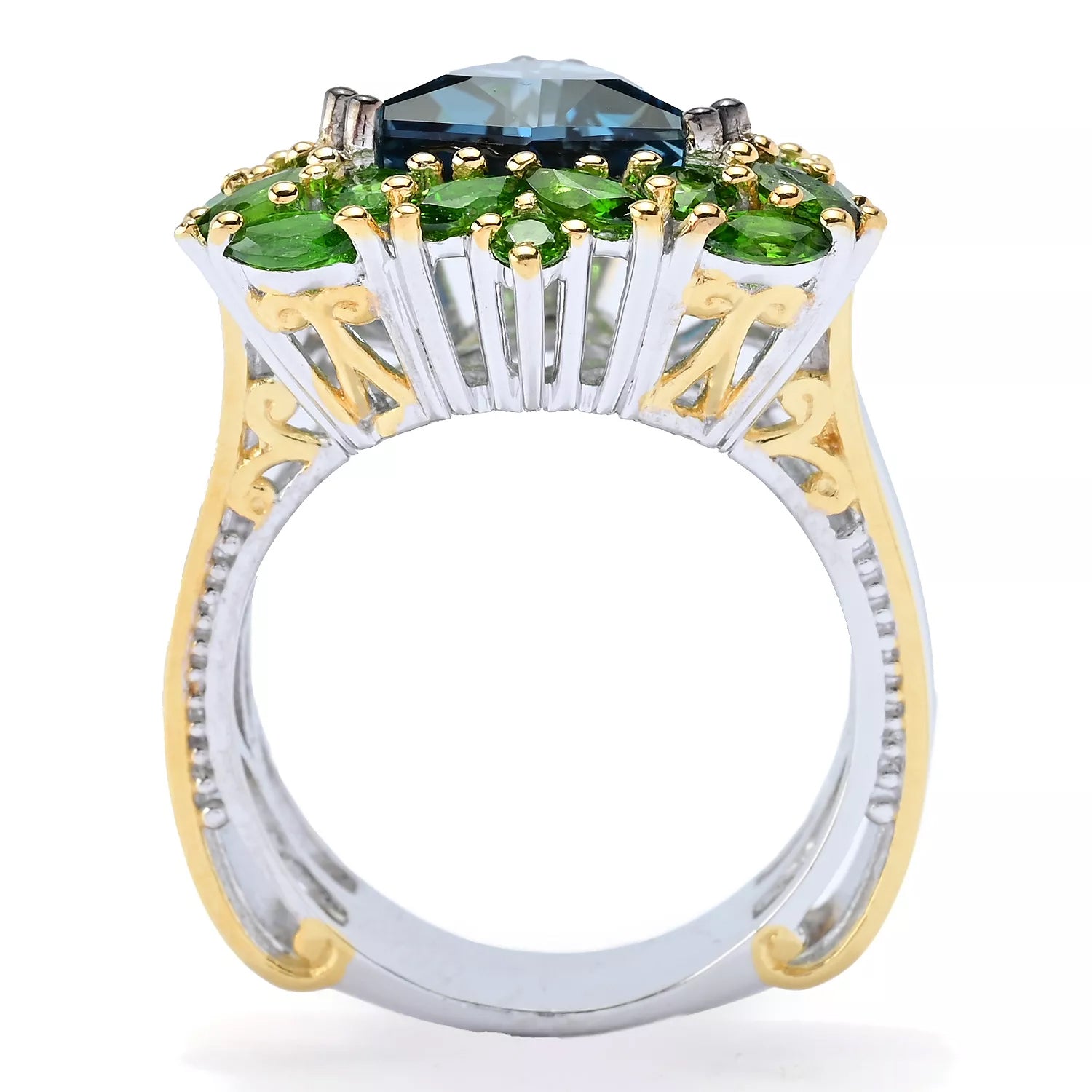 Gems en Vogue 6.04ctw Six Sided Trillion Cut London Blue Topaz & Chrome Diopside Ring