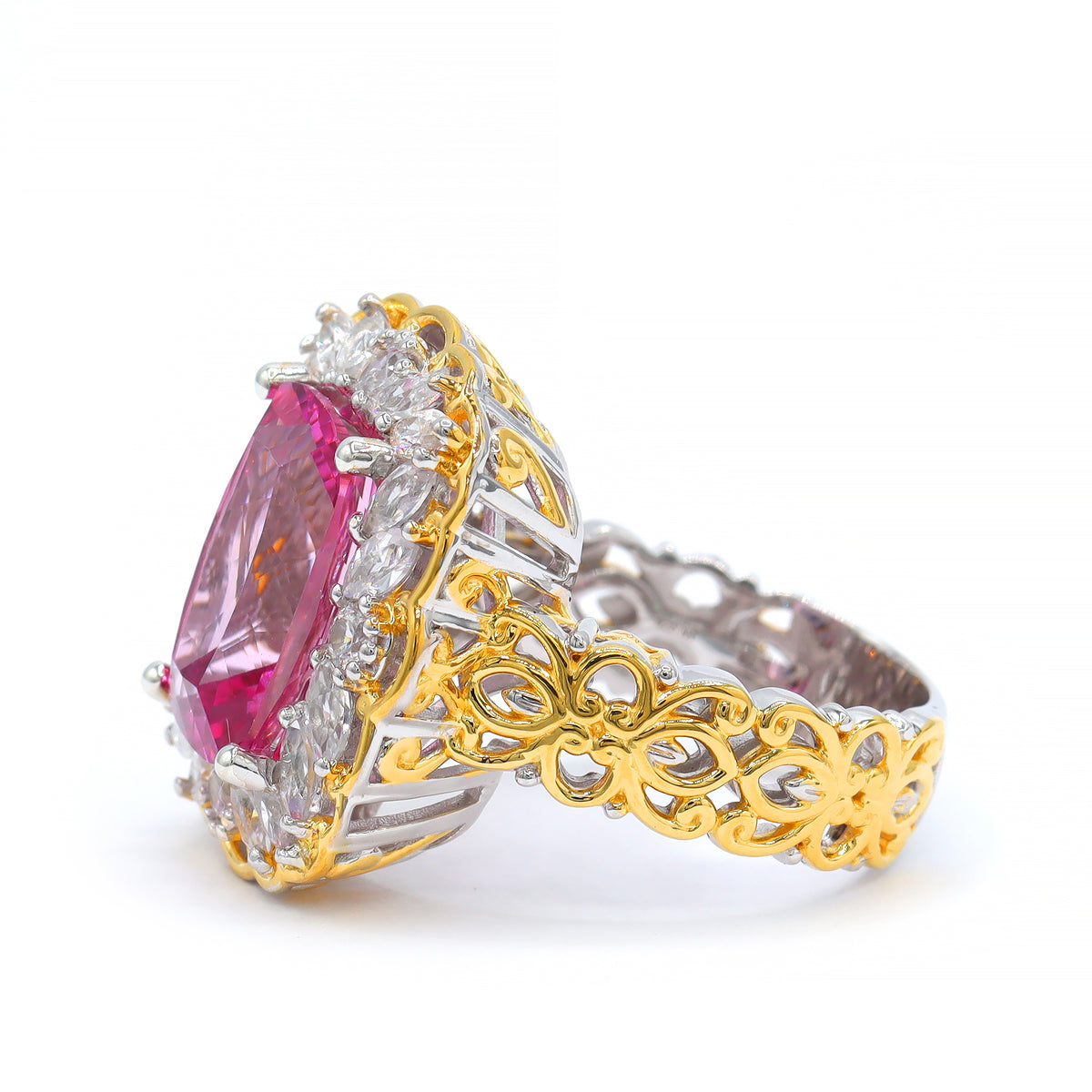 Gems en Vogue One-of-a-Kind 24K Palladium Silver 9.62ctw Pink Topaz & White Zircon Halo Ring