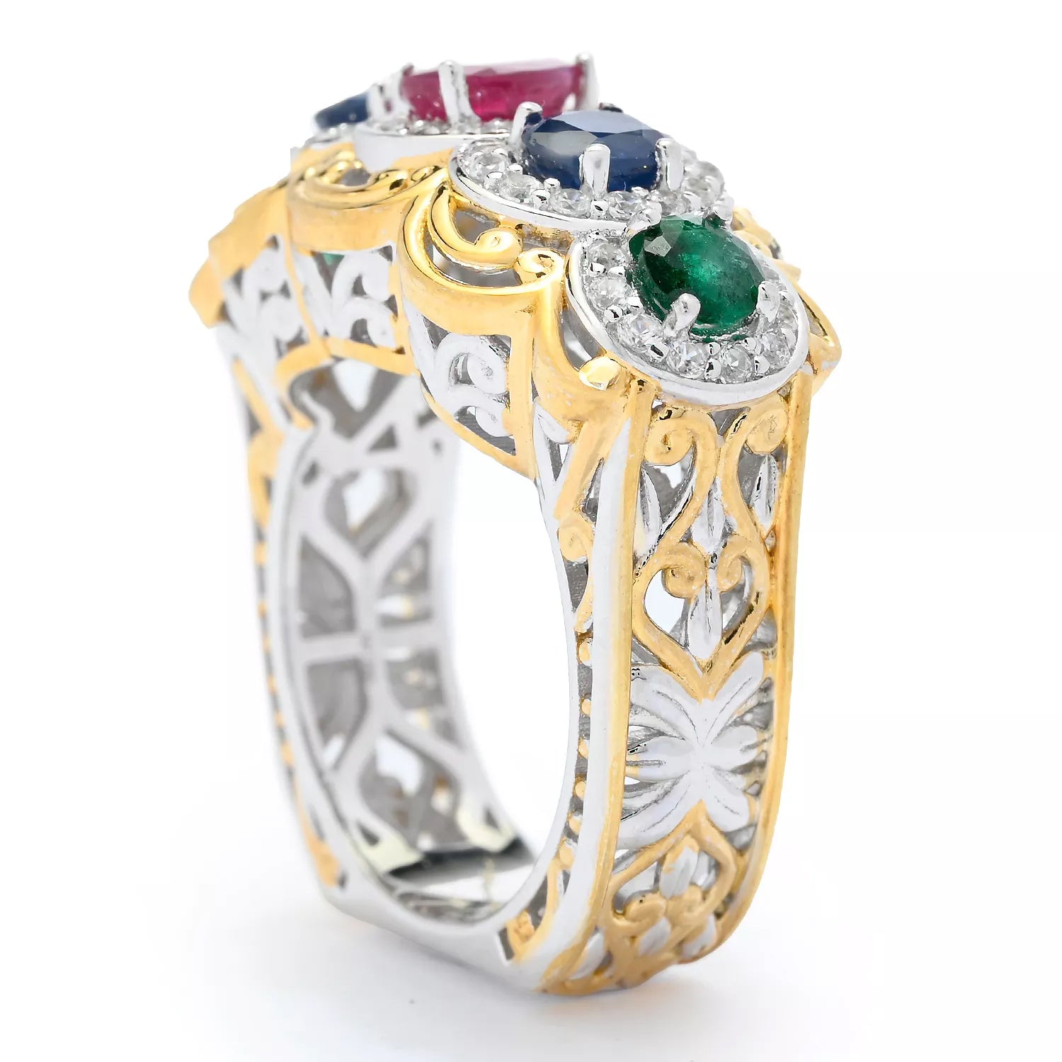 Gems en Vogue 2.34ctw Ruby, Royal Blue Sapphire, Emerald & White Zircon Ring