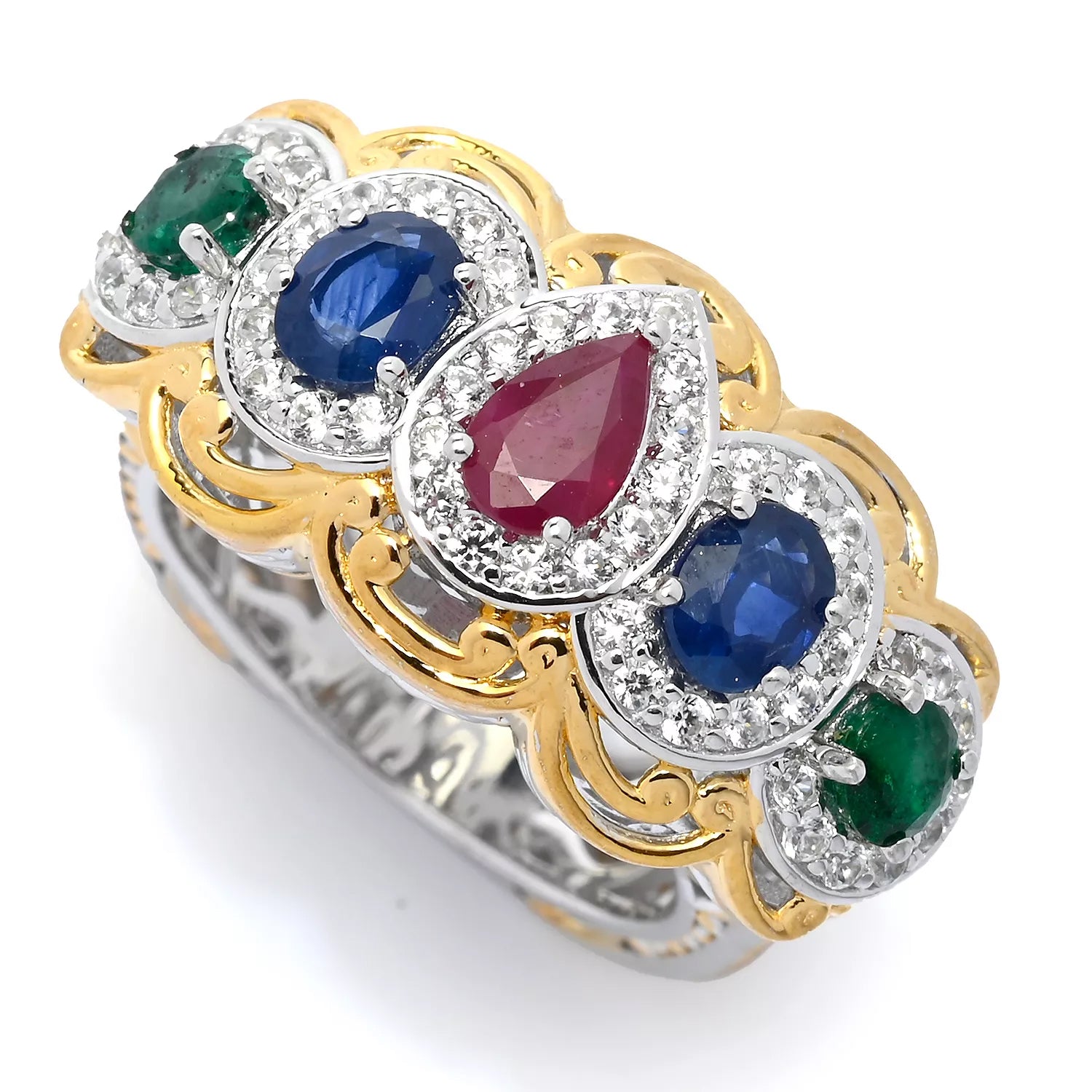 Gems en Vogue 2.34ctw Ruby, Royal Blue Sapphire, Emerald & White Zircon Ring