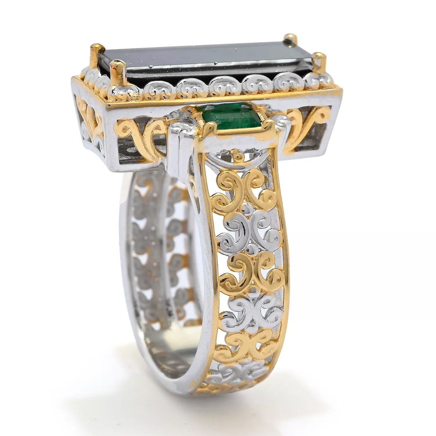 Gems en Vogue Rectangular Ammolite & Grizzly Emerald Ring