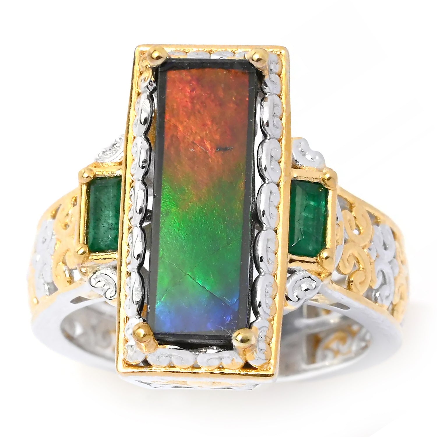 Gems en Vogue Rectangular Ammolite & Grizzly Emerald Ring