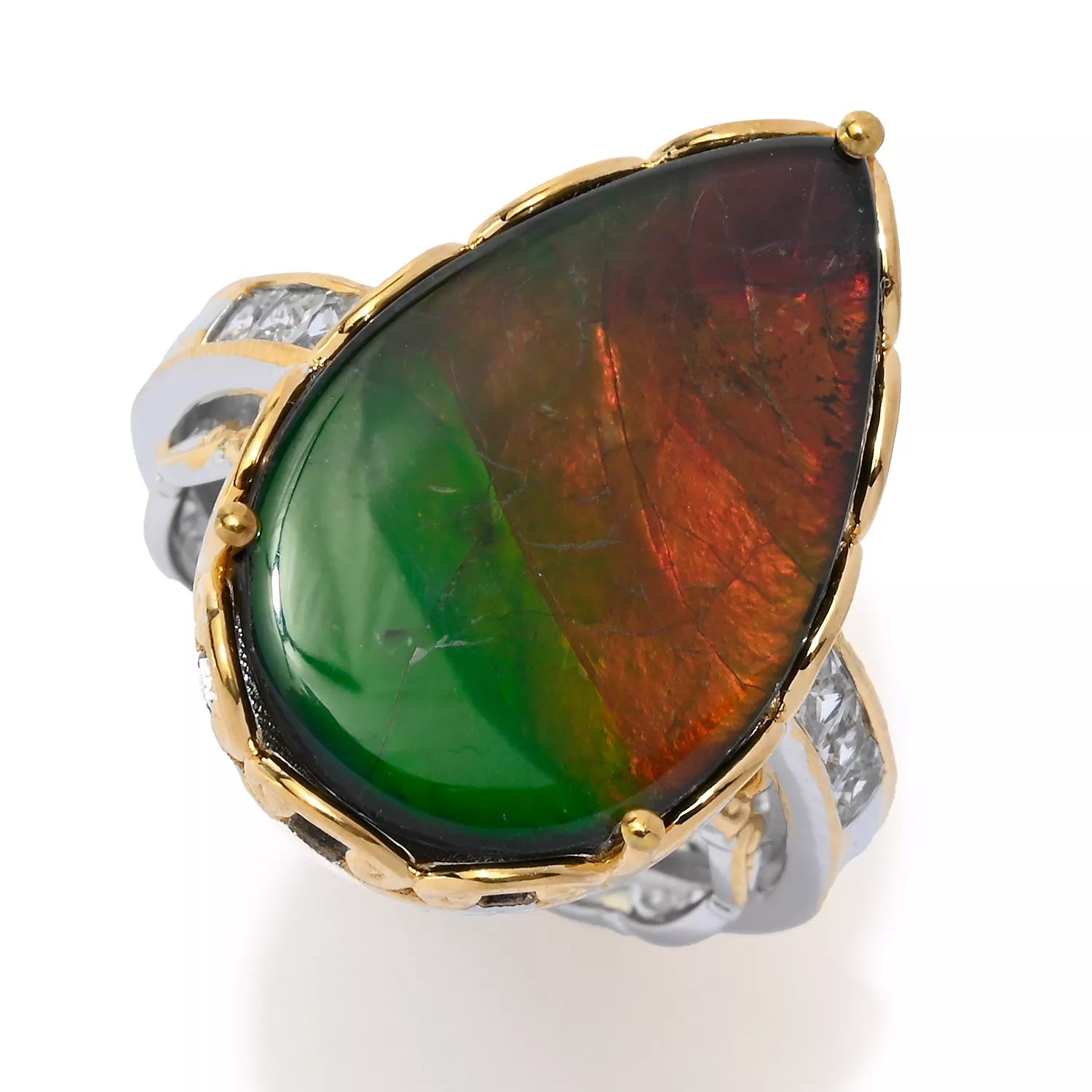 Gems en Vogue Pear Shape Ammolite & White Topaz Ring