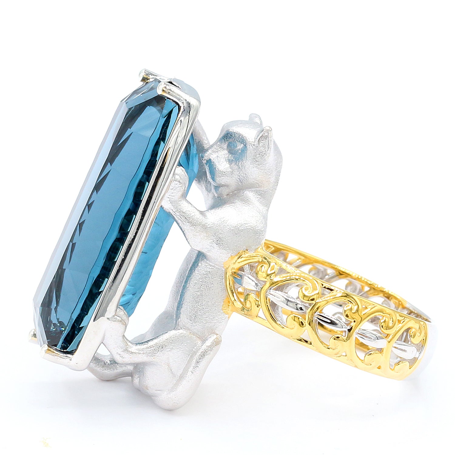 Limited Edition Gems en Vogue One-of-a-Kind 23.97ctw Millennium Cut Imperial London Blue Topaz Panther Honker Ring