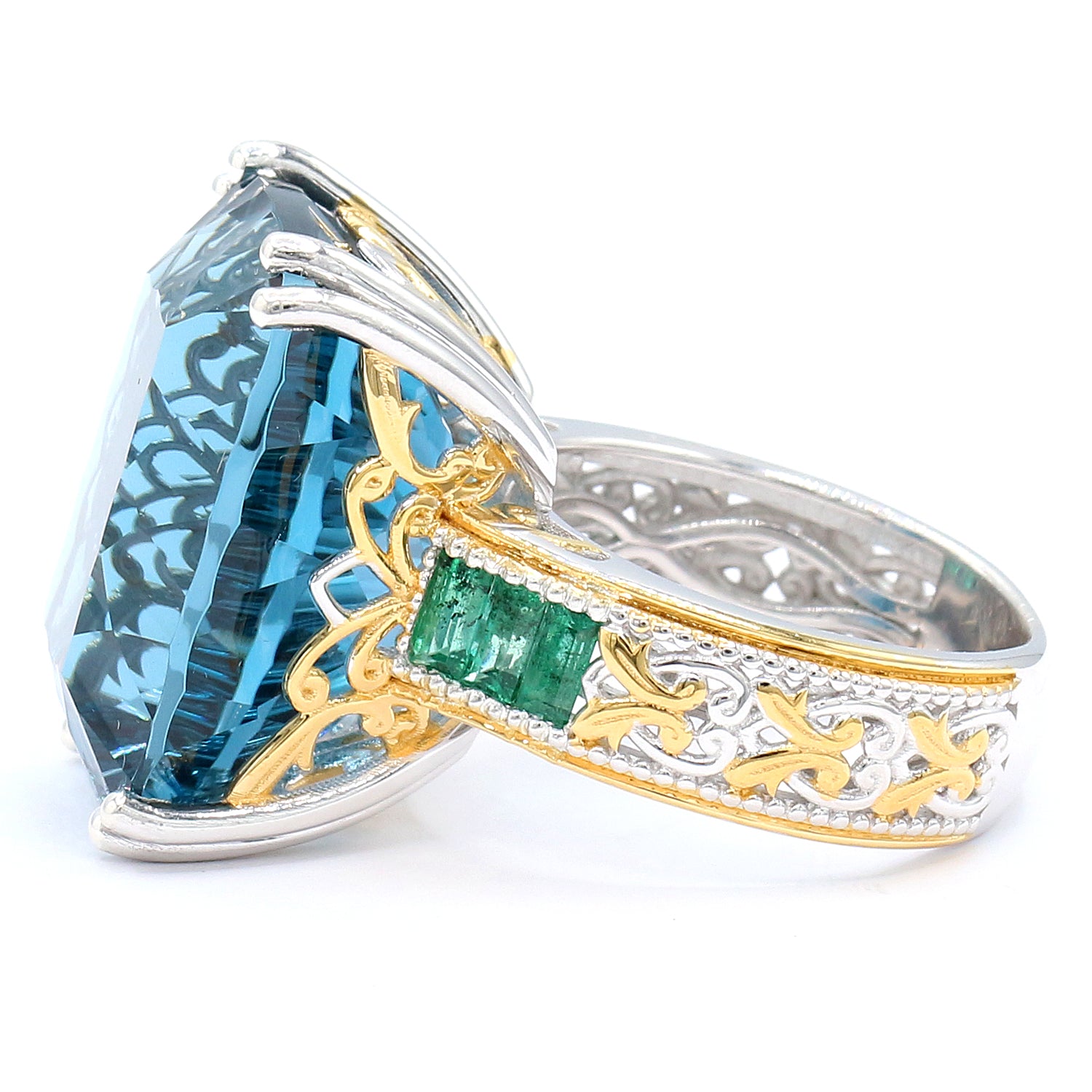 Limited Edition Gems en Vogue One-of-a-Kind 34.84ctw Millennium Cut Imperial London Blue Topaz & Emerald Honker Ring