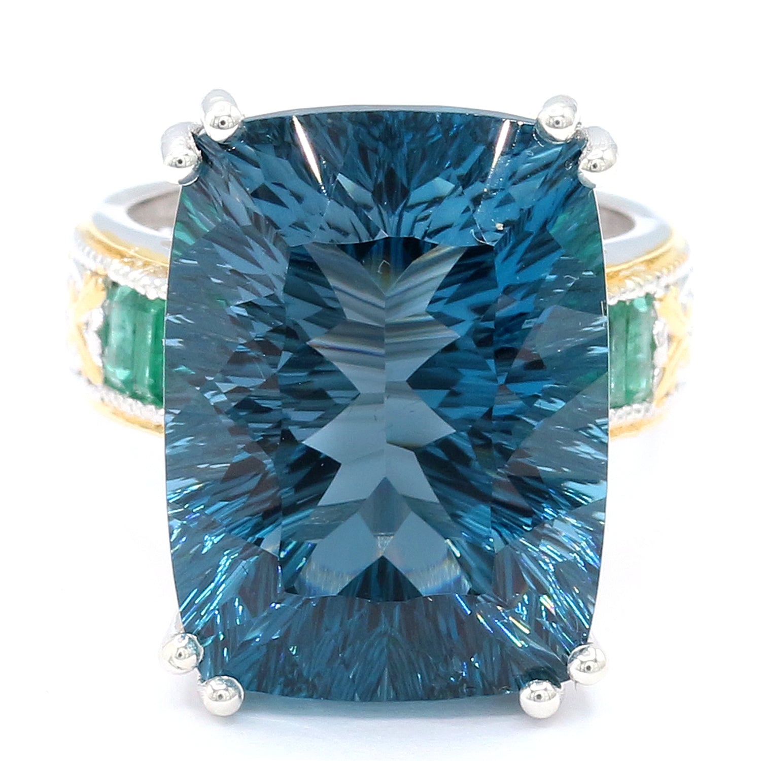 Limited Edition Gems en Vogue One-of-a-Kind 34.84ctw Millennium Cut Imperial London Blue Topaz & Emerald Honker Ring