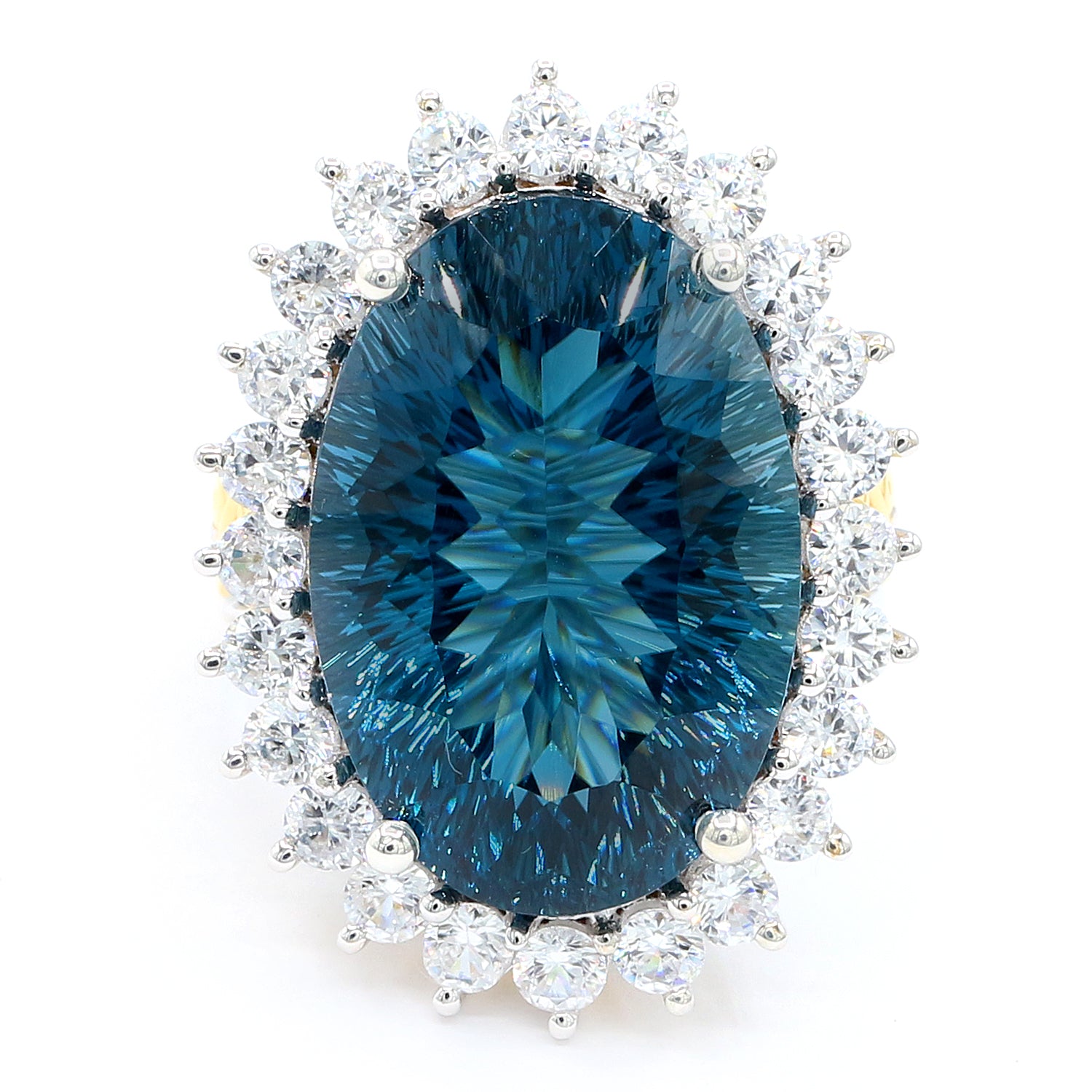 Limited Edition Gems en Vogue 37.26ctw Millennium Cut Imperial London Blue Topaz & White Zircon Halo Honker Ring