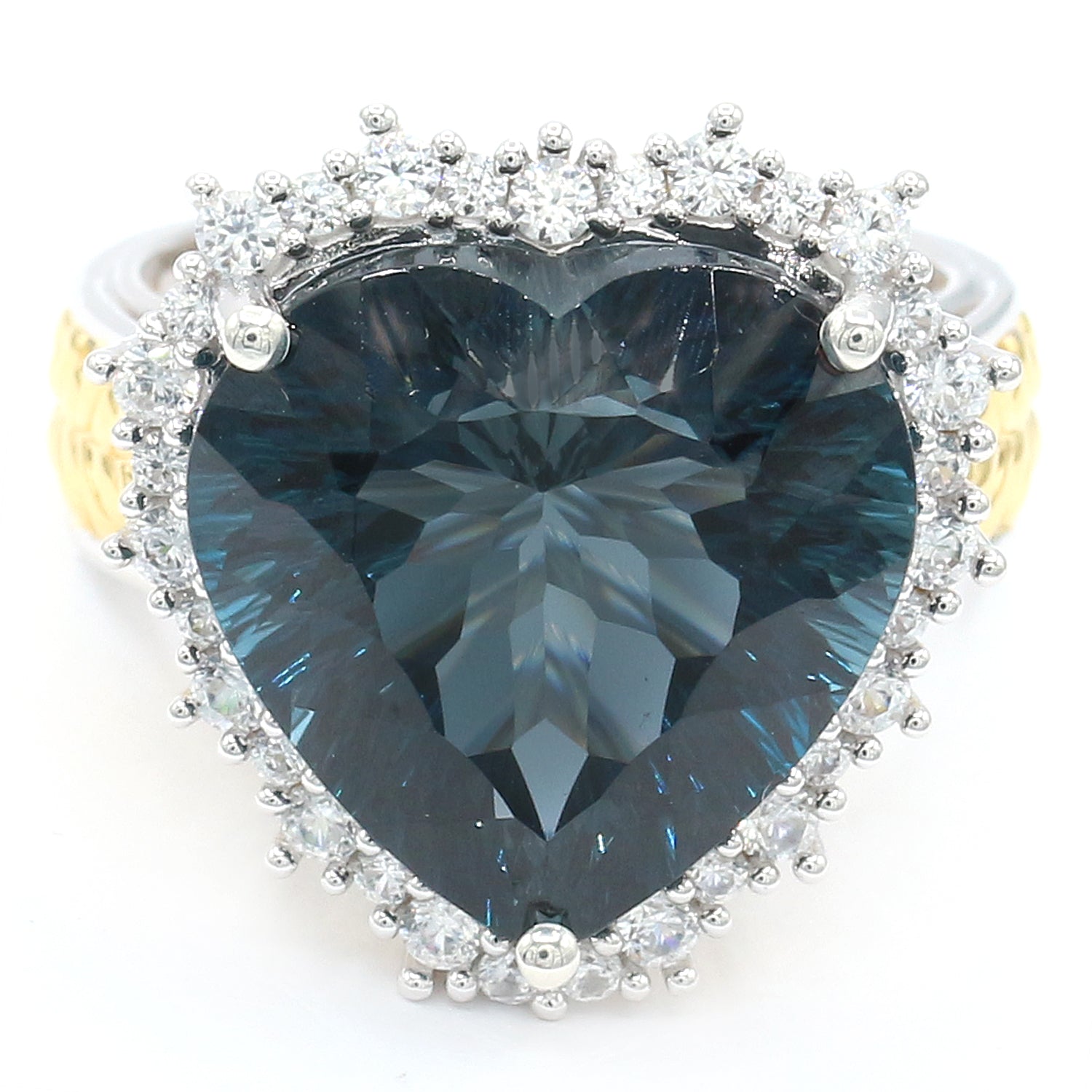 Limited Edition Gems en Vogue 23.38ctw Millennium Cut Imperial London Blue Topaz & White Zircon Halo Honker Heart Ring