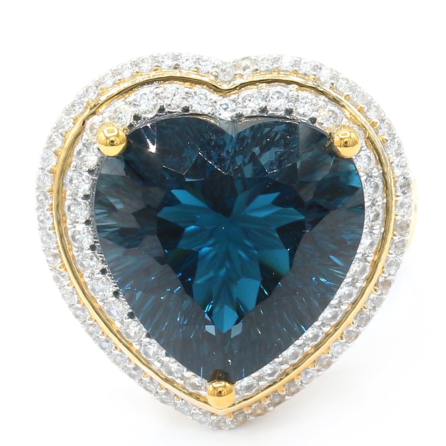 Limited Edition Gems en Vogue 19.11ctw Millennium Cut Imperial London Blue Topaz & White Zircon Double Halo Heart Ring