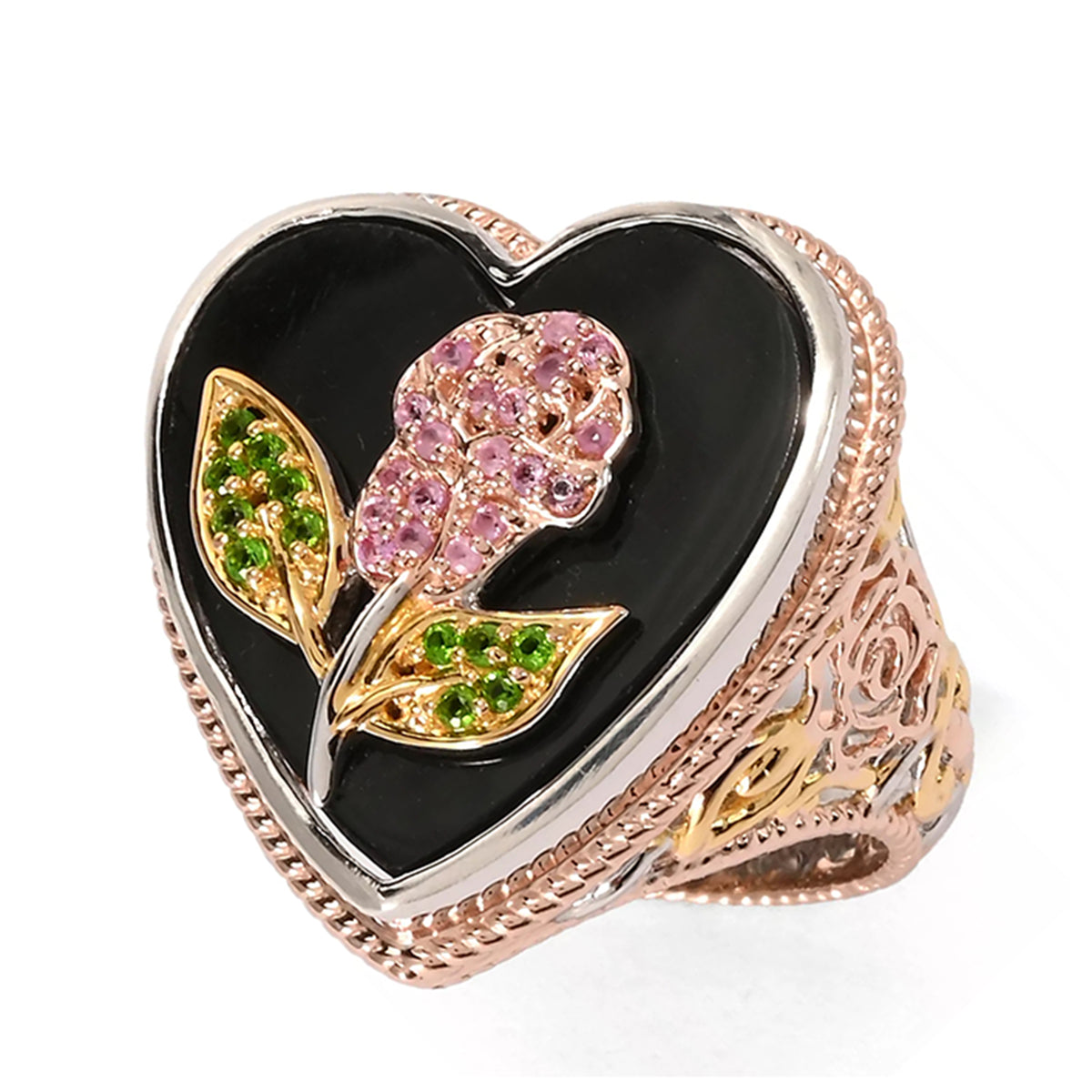 Gems en Vogue 24K Palladium Silver Black Onyx & Hot Pink Sapphire Heart & Flower Ring
