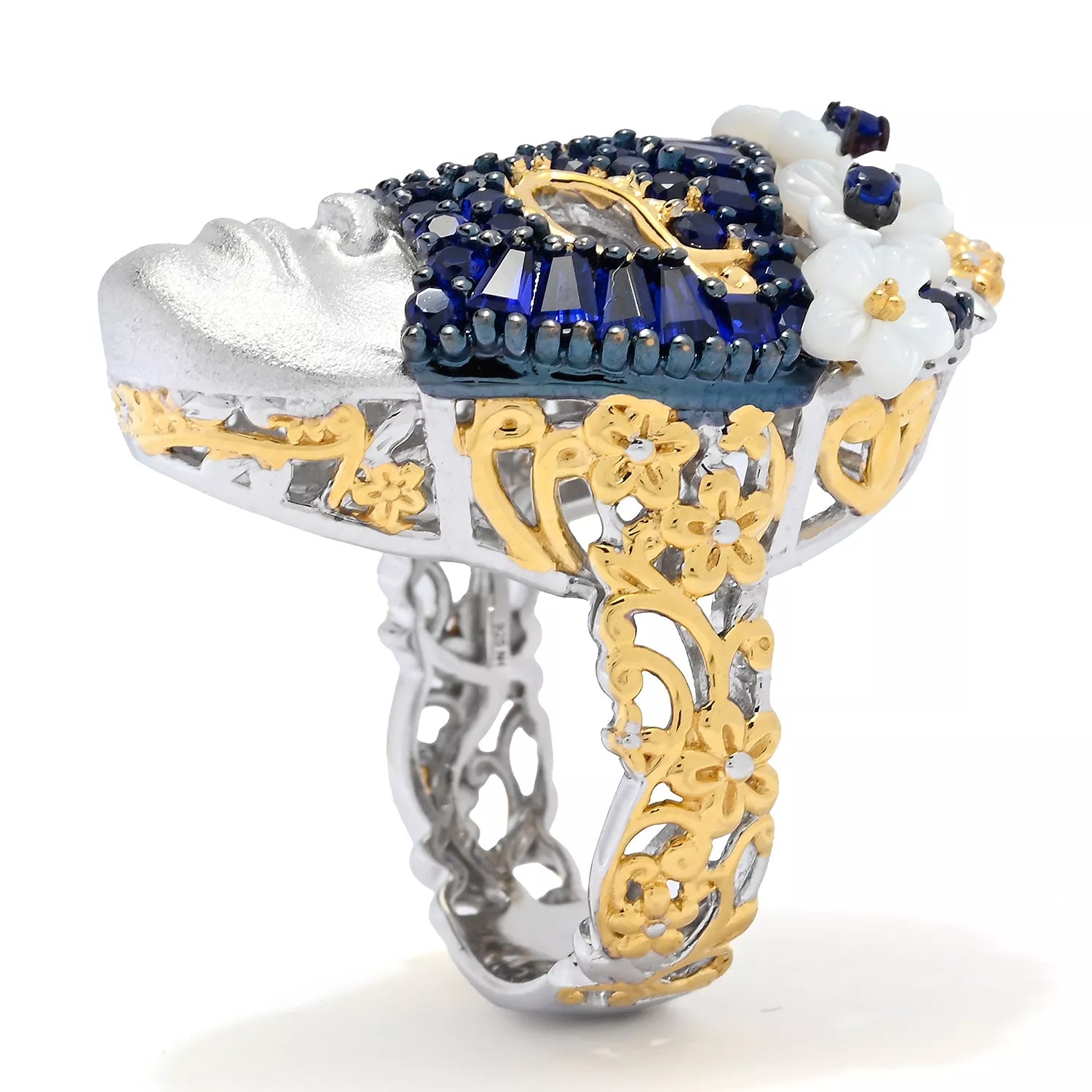 Gems en Vogue 2.16ctw Cobalt Blue Spinel & Mother-of-Pearl Flower Mask Ring