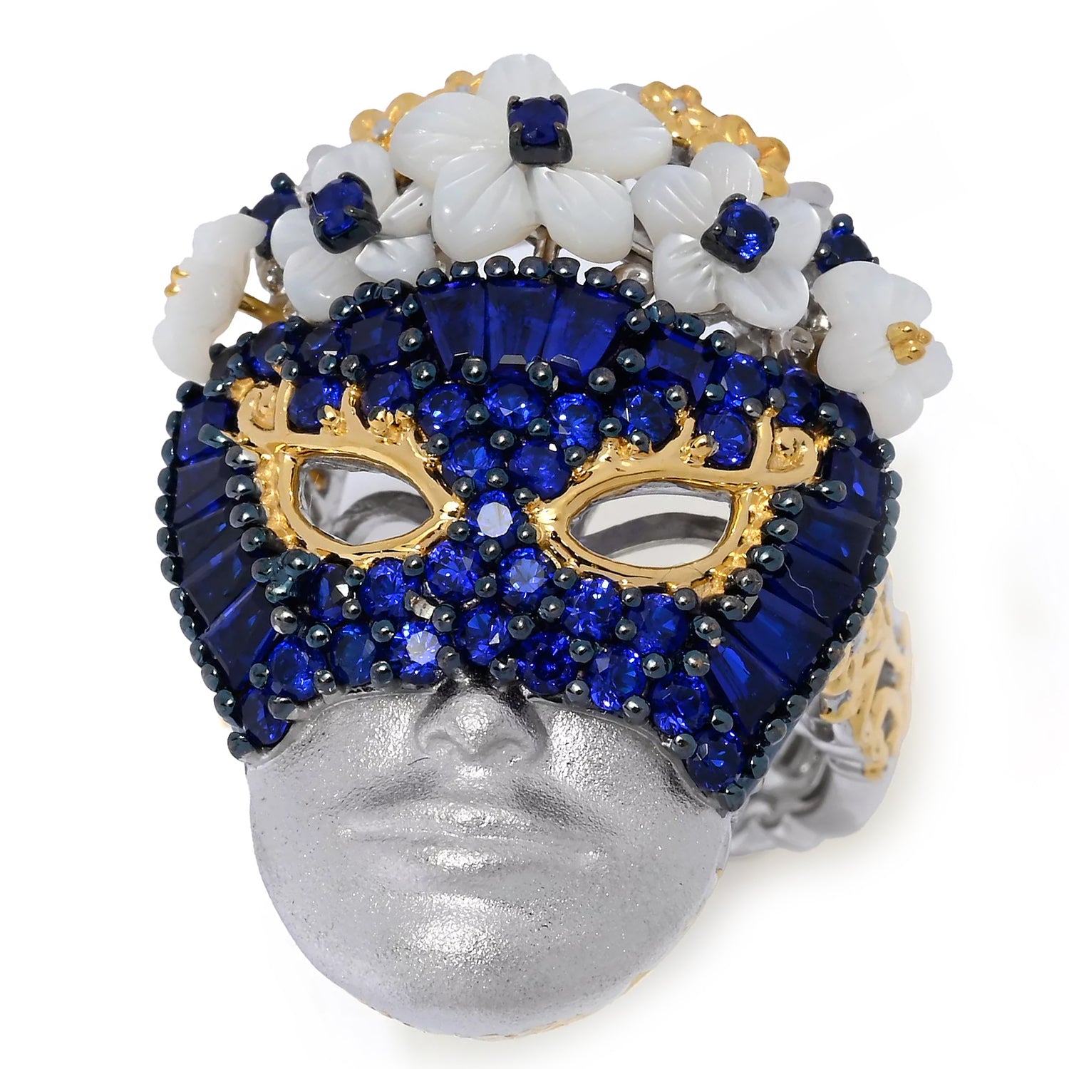 Gems en Vogue 2.16ctw Cobalt Blue Spinel & Mother-of-Pearl Flower Mask Ring