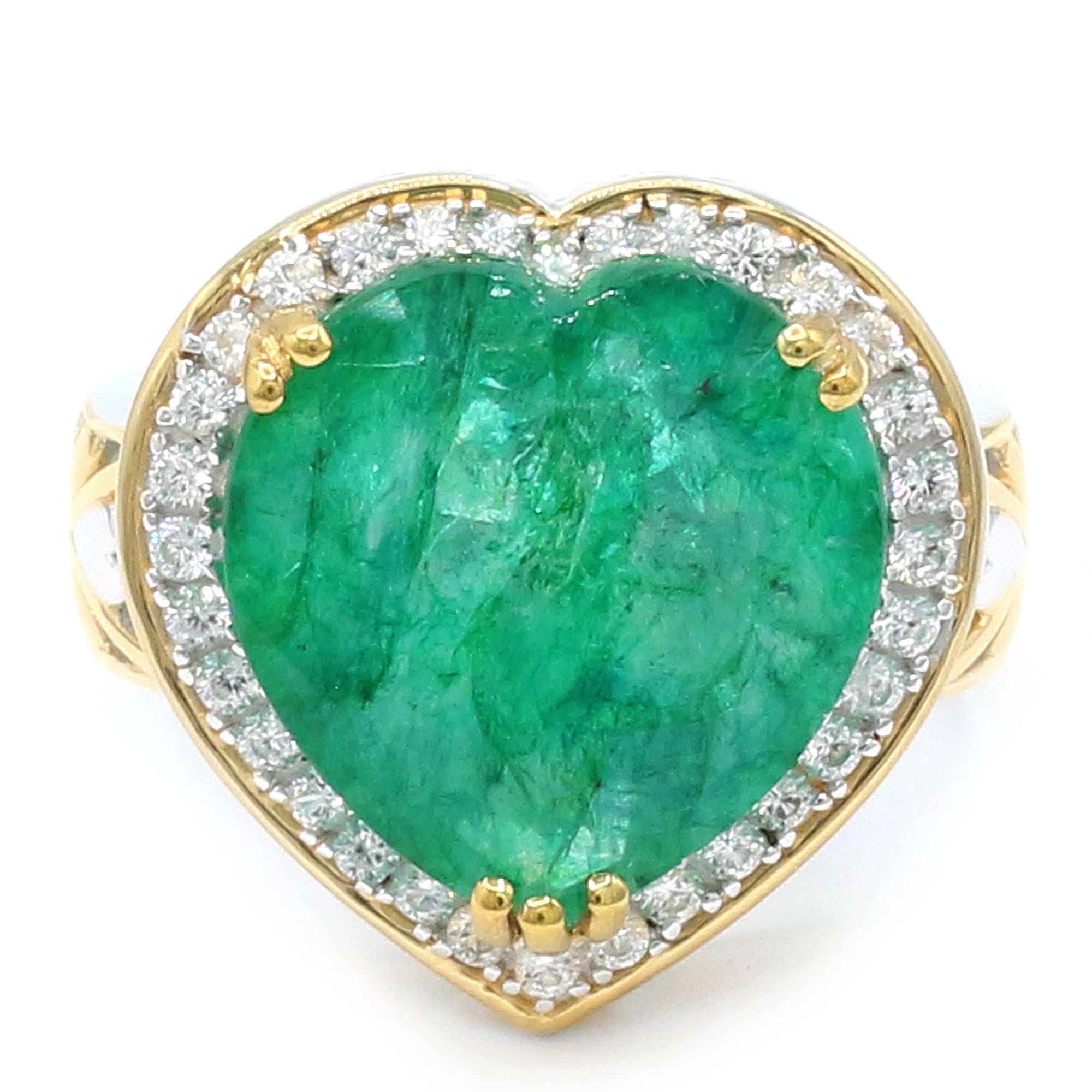 Gems en Vogue 24K Palladium Silver 9.92ctw Heart Shape Zambian Emerald & White Zircon Halo Ring