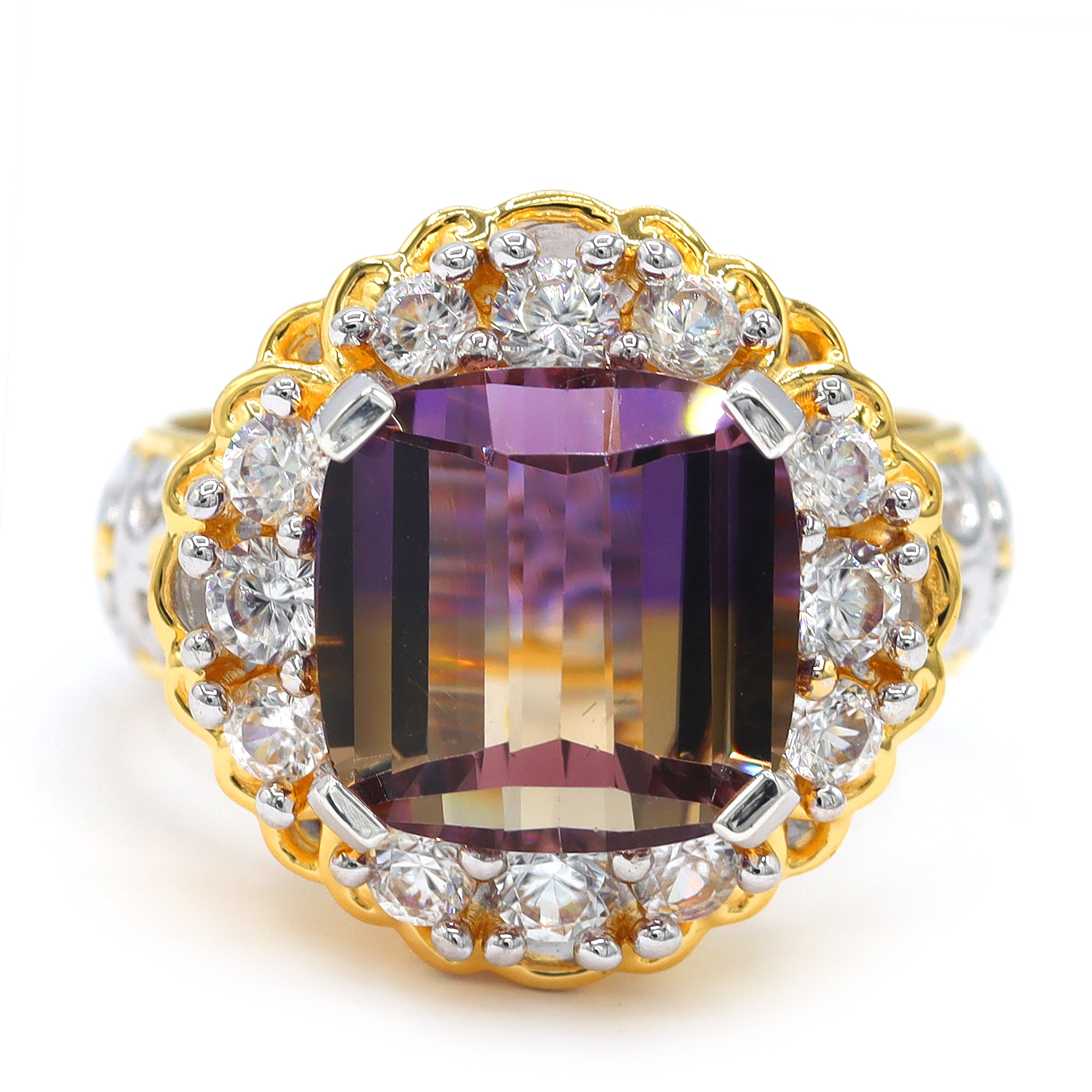 Gems en Vogue One-of-a-Kind 24K Palladium Silver 7.91ctw Ametrine & White Zircon Halo Ring