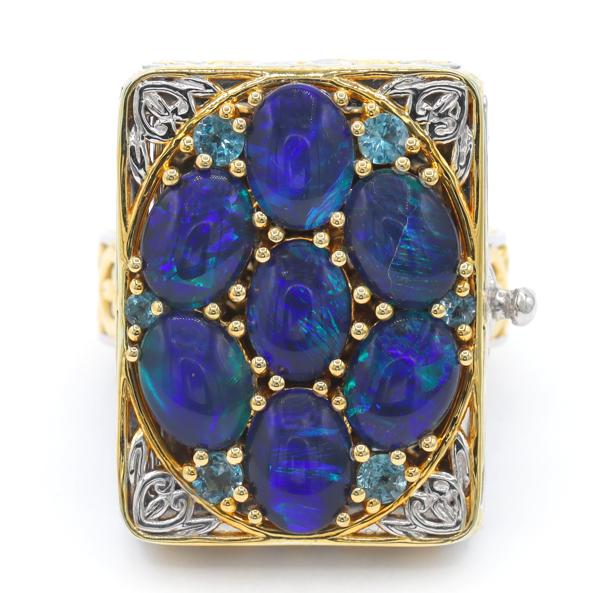 Gems en Vogue 24K Palladium Silver Peacock Australian Opal Triplet & London Blue Topaz Keepsake Ring