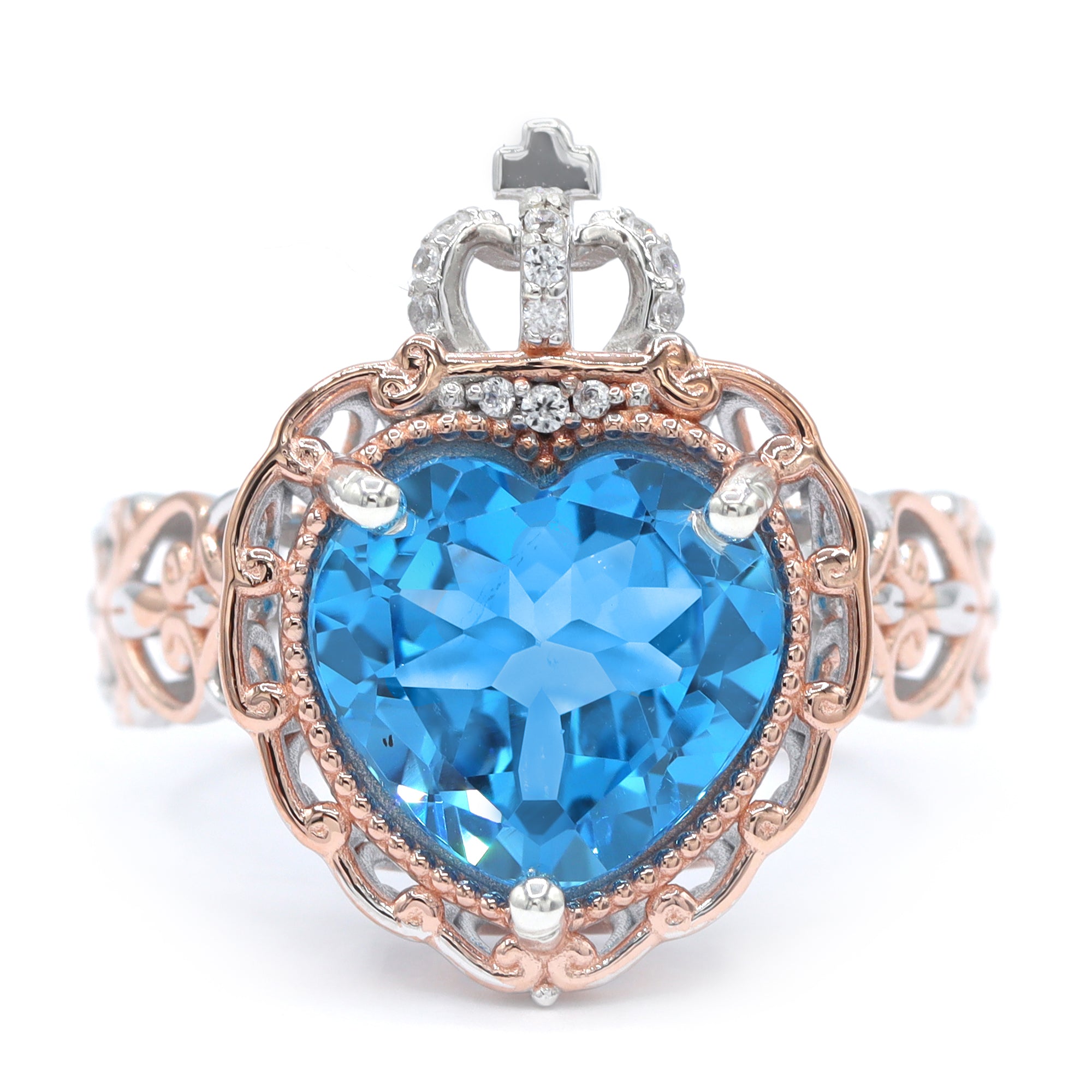 Gems en Vogue One-of-a-Kind 18K Palladium Silver 5.44ctw Heart Shape Swiss Blue Topaz & White Zircon Crown Ring