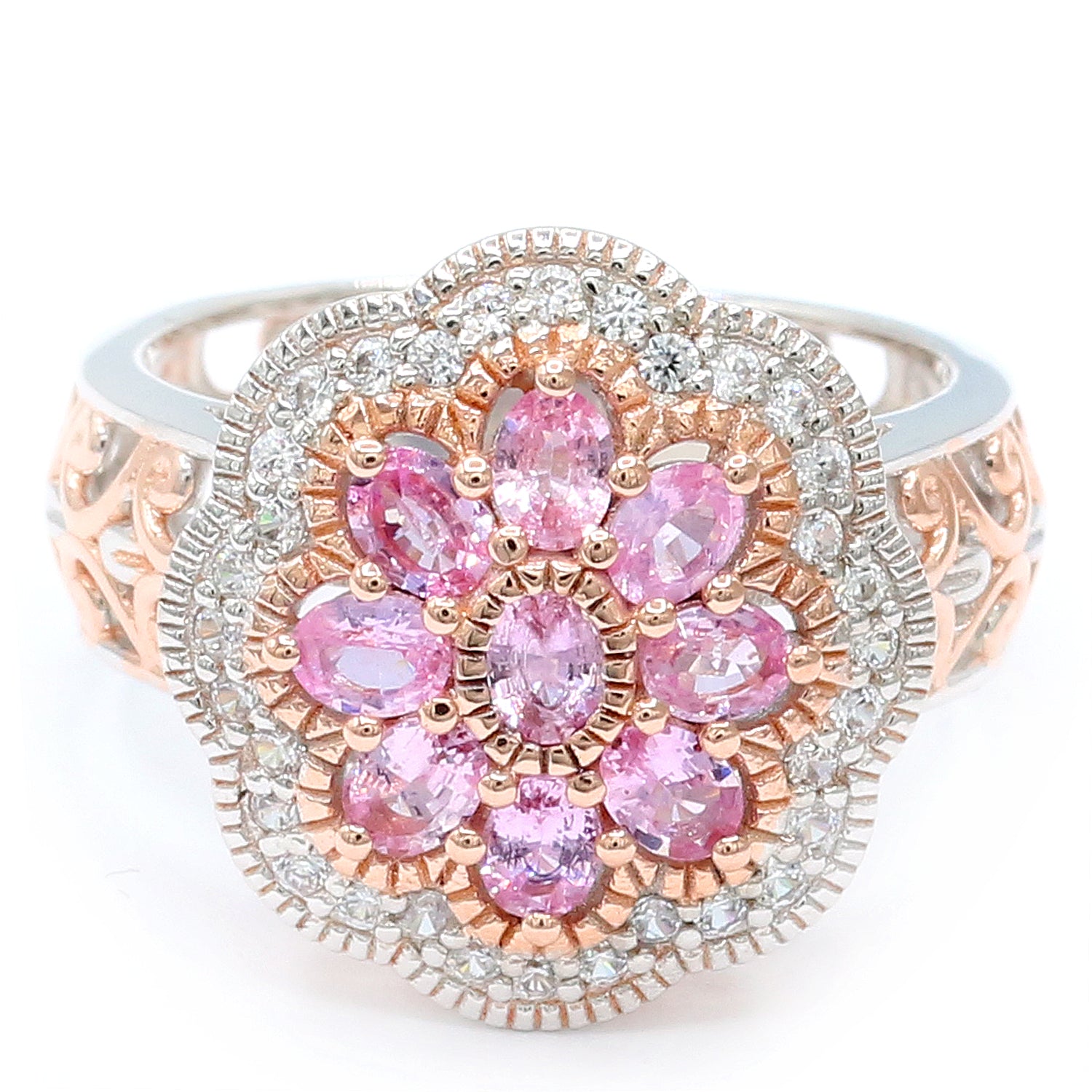 Gems en Vogue 2.04ctw Oval Pink Sapphire & White Zircon Flower Ring