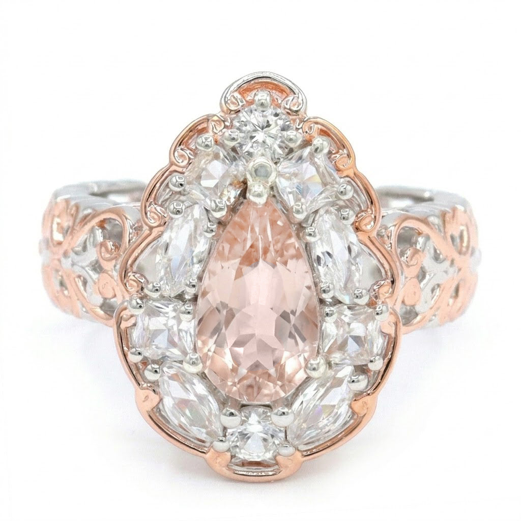 Gems en Vogue One-of-a-Kind 18K Palladium Silver 3.07ctw Morganite & White Zircon Halo Ring