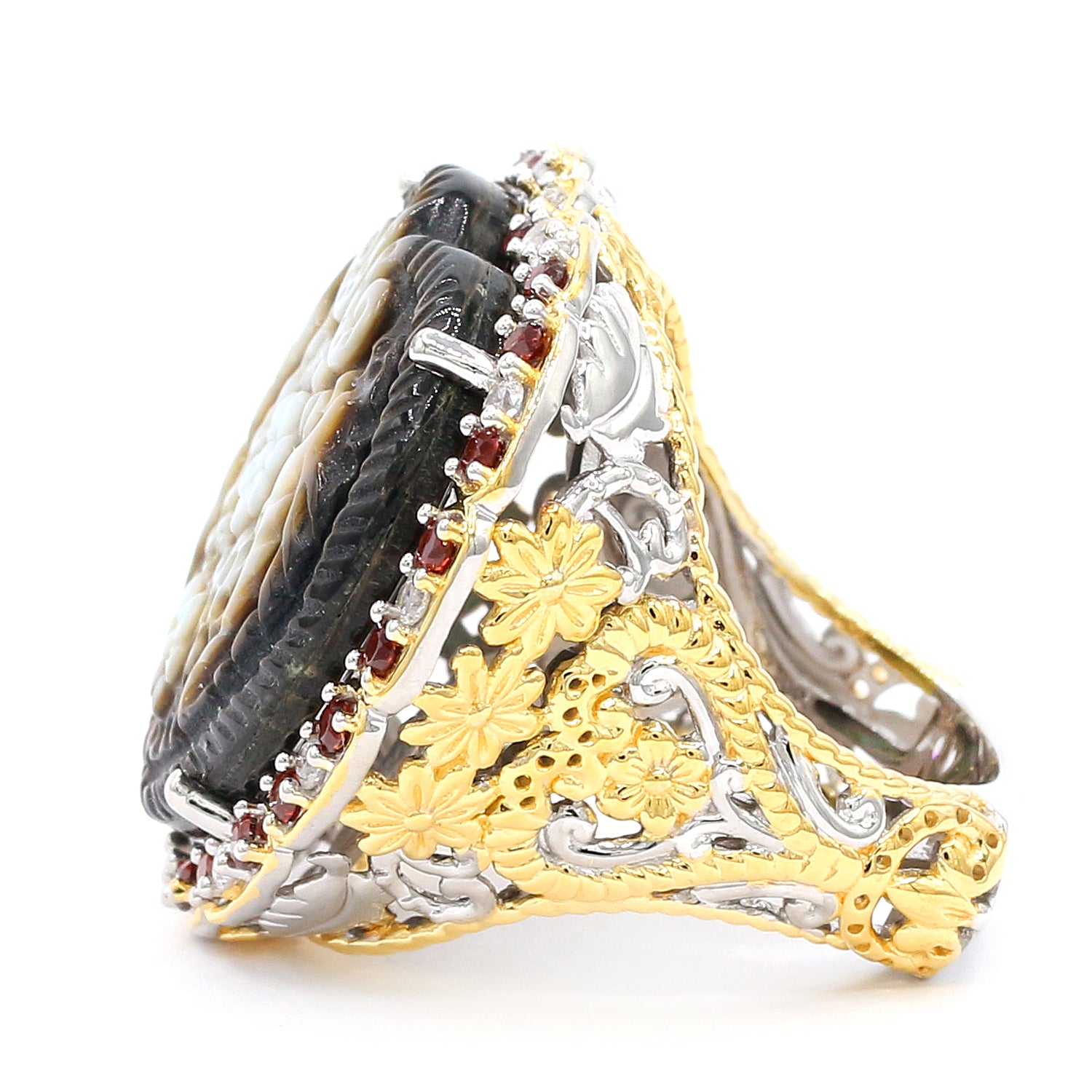 Gems en Vogue 24K Palladium Silver Carved Black Mother-of-Pearl, Garnet & Zircon Heart & Flower Ring