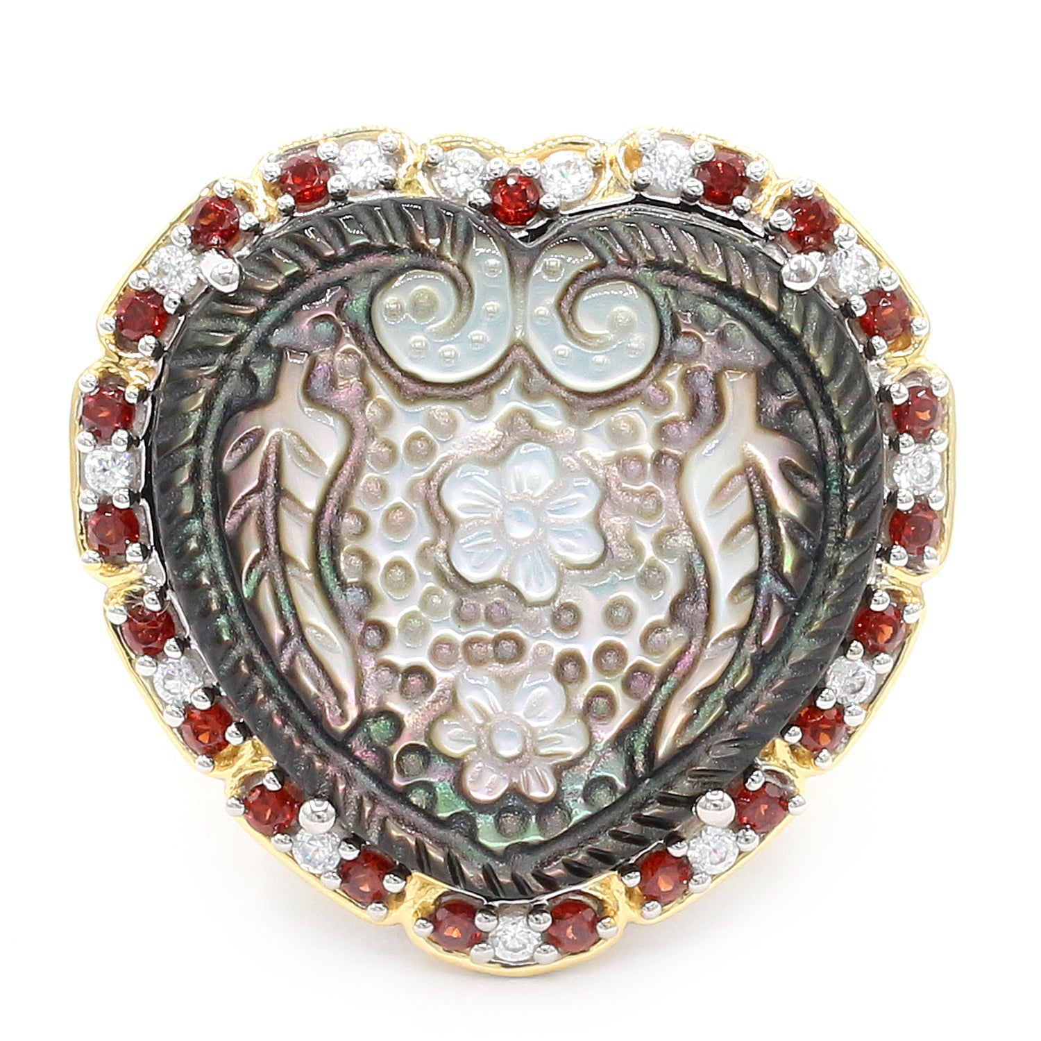 Gems en Vogue 24K Palladium Silver Carved Black Mother-of-Pearl, Garnet & Zircon Heart & Flower Ring