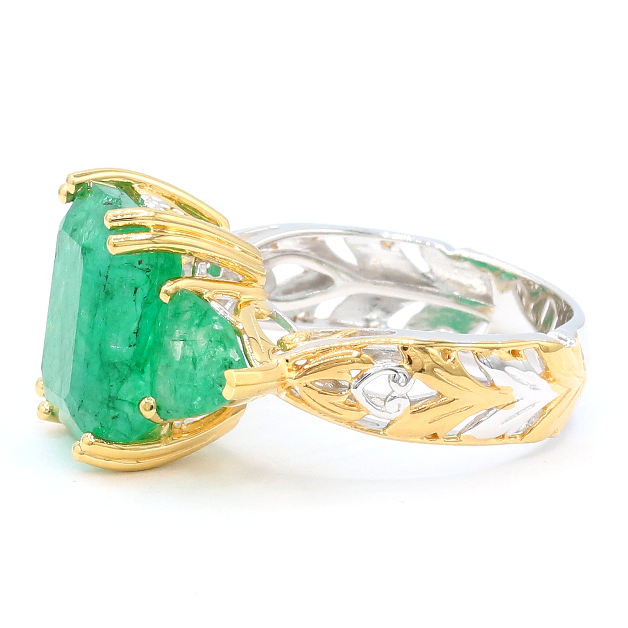 Gems en Vogue 24K Palladium Silver 8.40ctw Octagon Grizzly Emerald Three Stone Ring