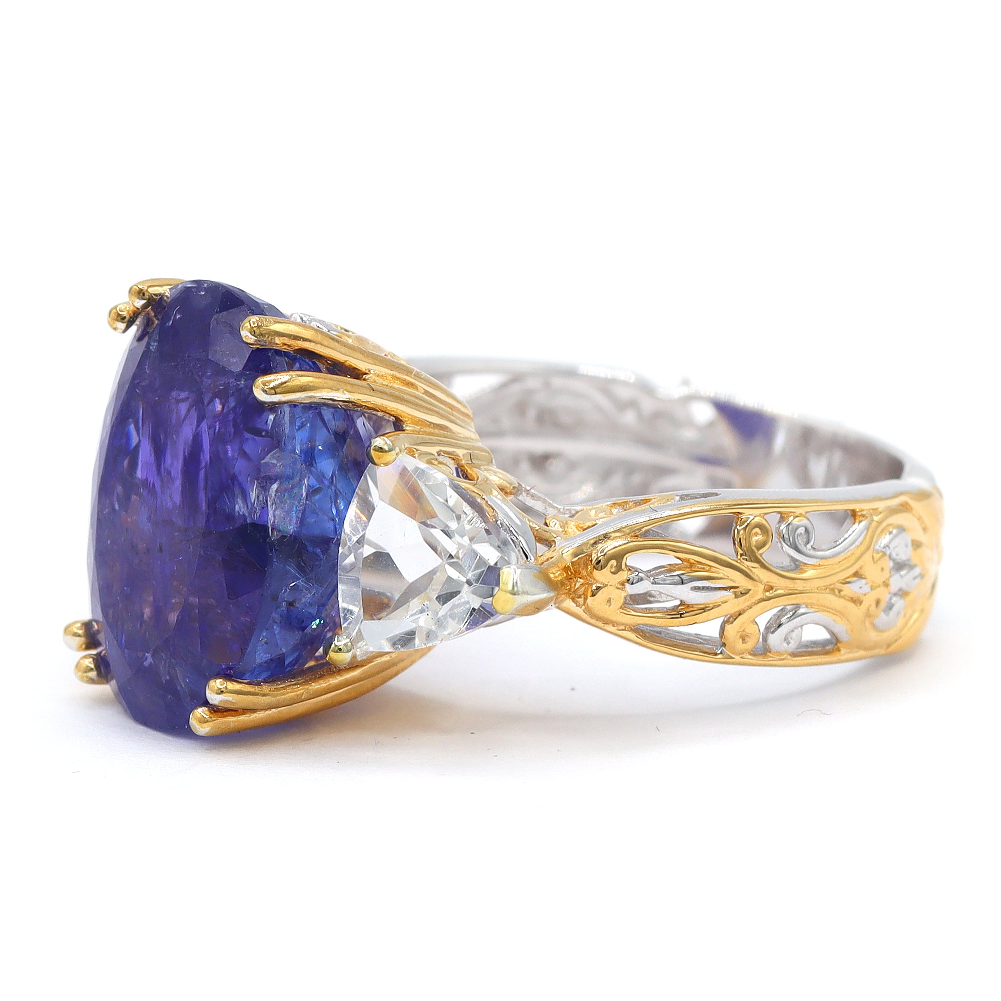 Bague Couture Gems unique en argent palladié 24 carats, tanzanite et zircon blanc de 10,77 carats